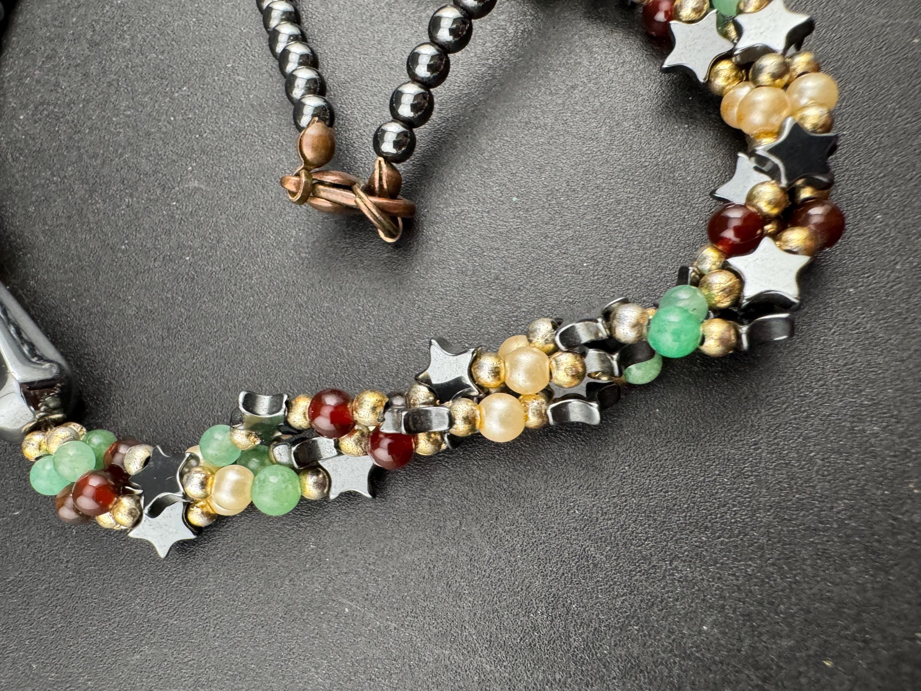 vintage mixed gemstone beaded necklace with Hematite garnet and adventurine green beads