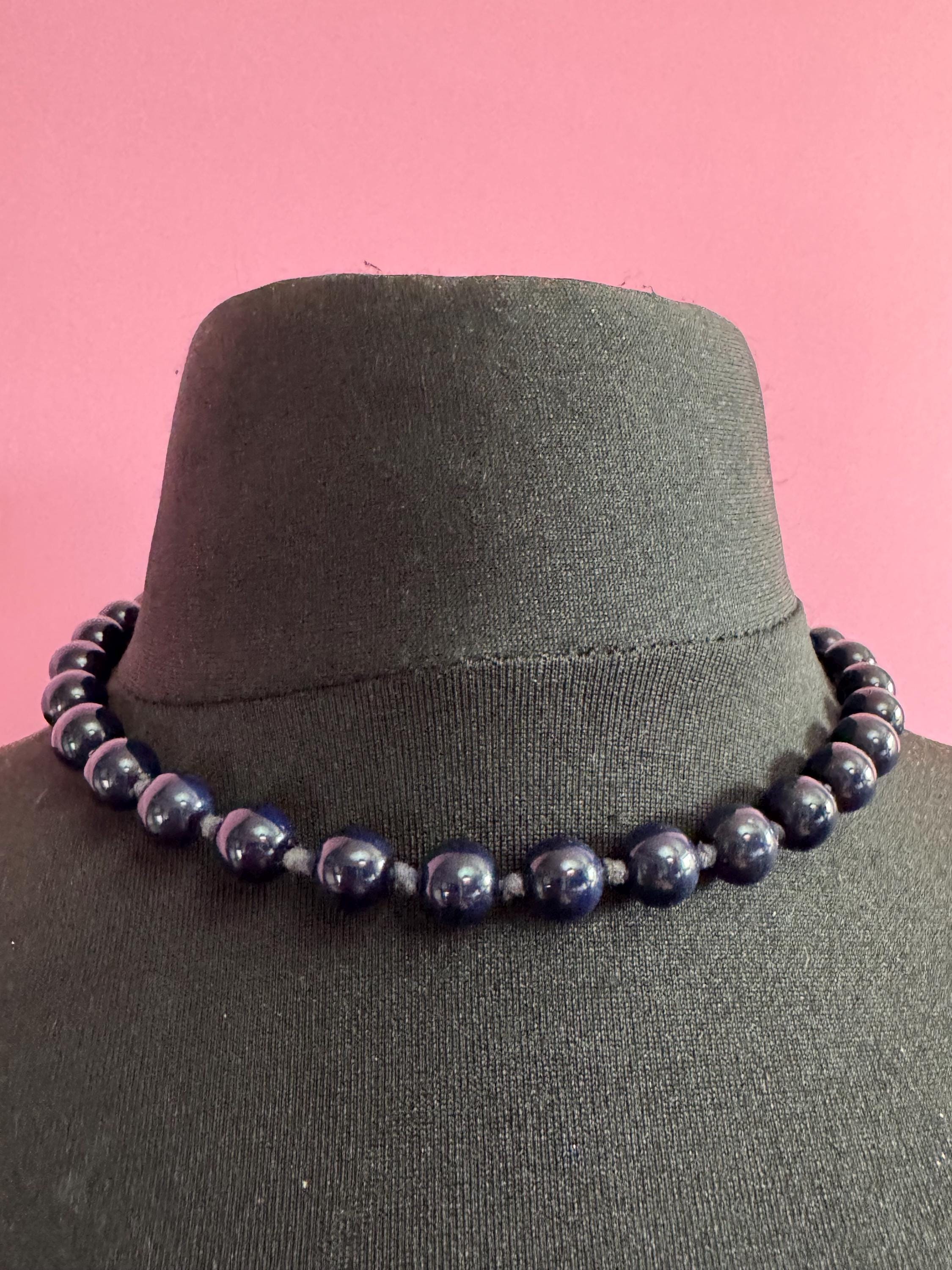 Vintage dark navy blue gemstone  beaded collar necklace mid century
