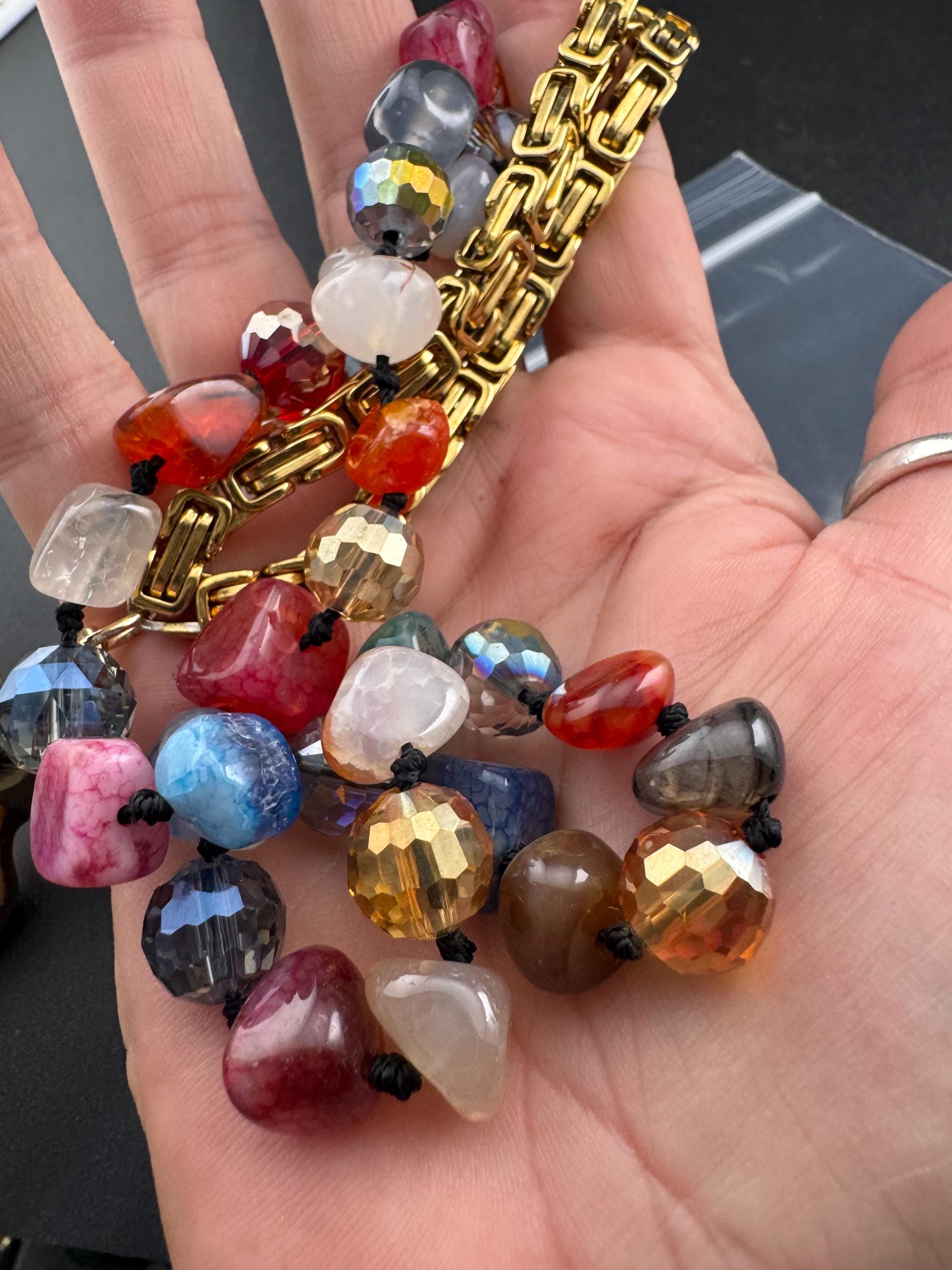 Quirky retro long beaded natural gemstone necklace with a gold stiletto heel pendant 72cm