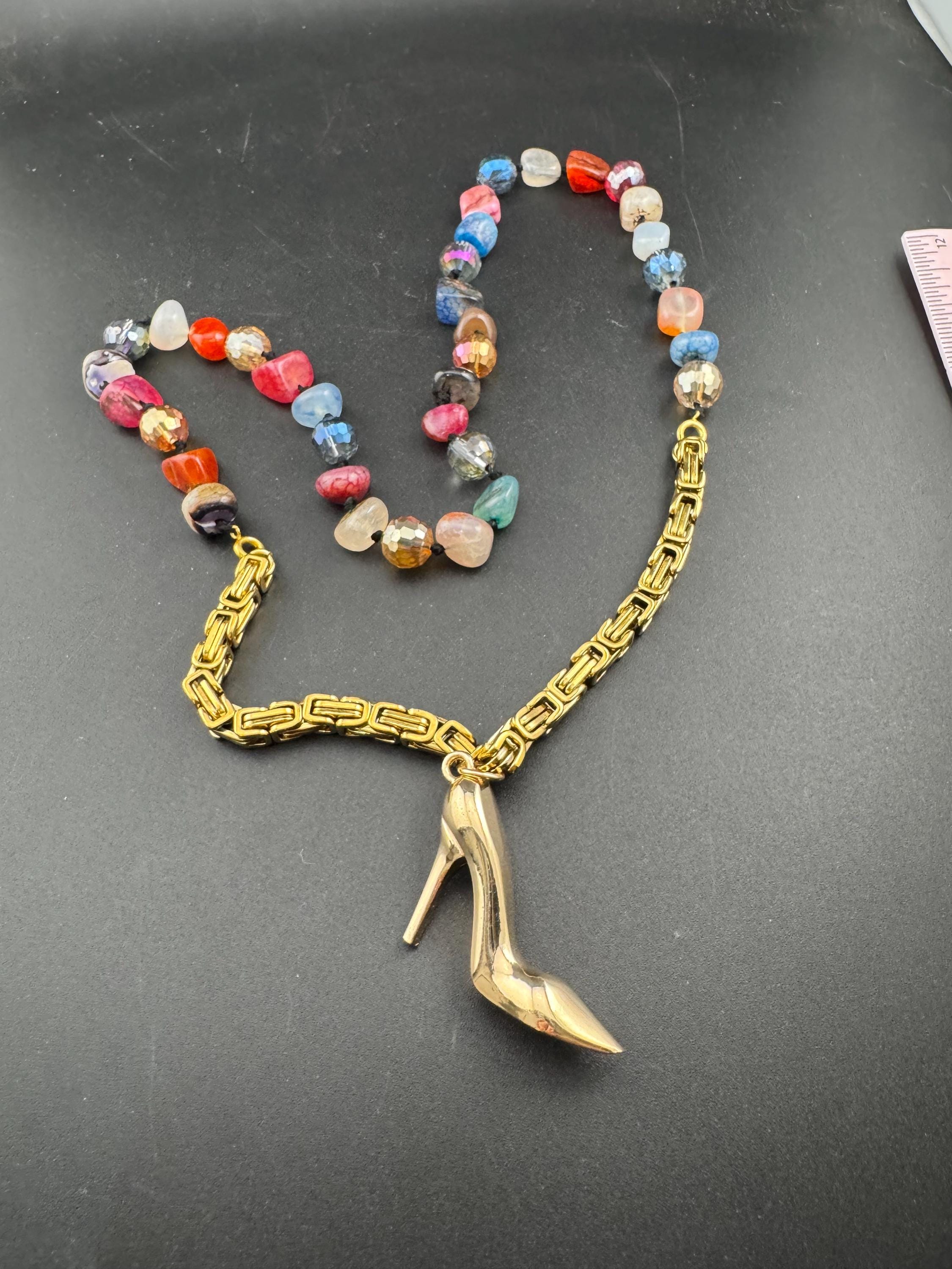 Quirky retro long beaded natural gemstone necklace with a gold stiletto heel pendant 72cm