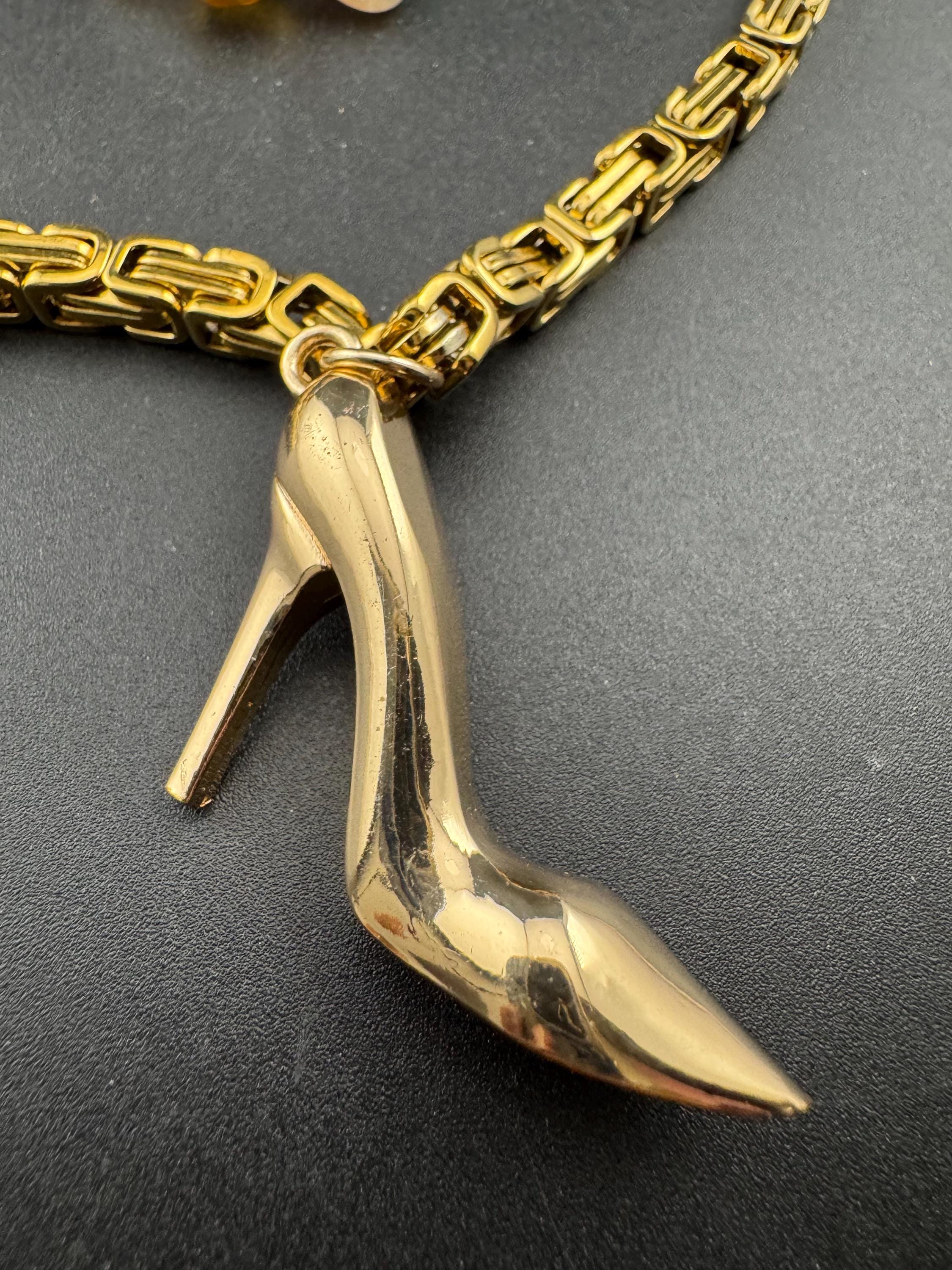 Quirky retro long beaded natural gemstone necklace with a gold stiletto heel pendant 72cm