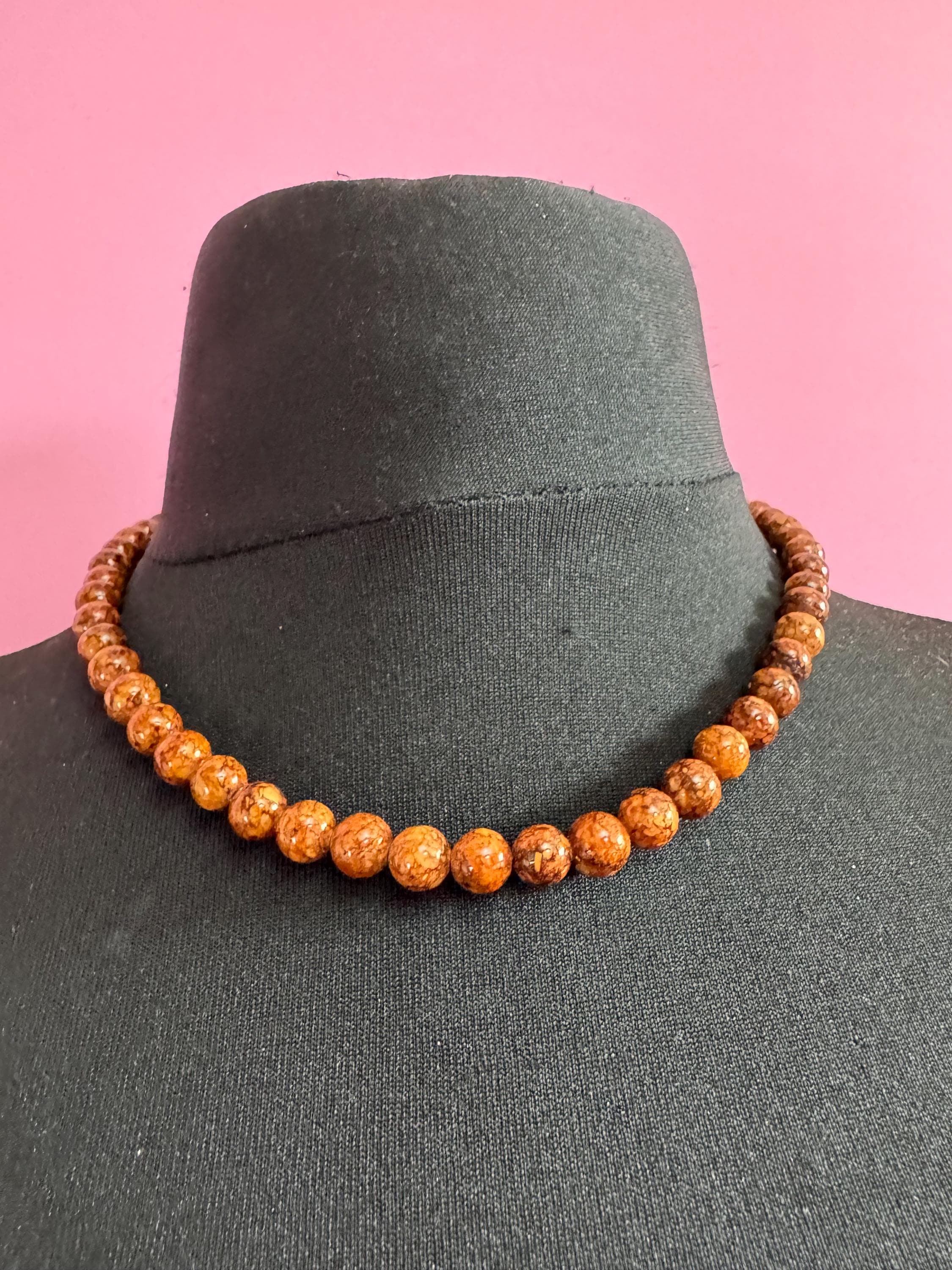 Vintage brown Beaded collar Necklace natural gemstone agate beads 47cm