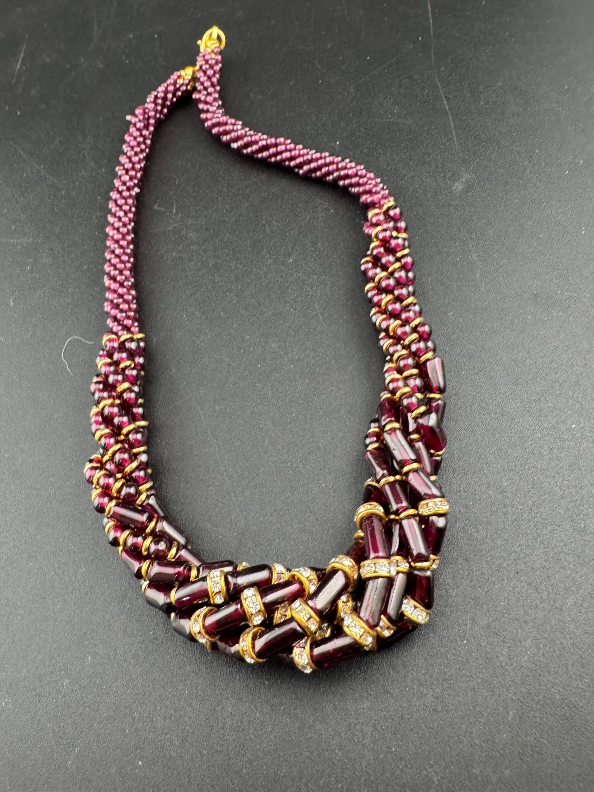Retro natural garnet red purple gemstone beaded choker necklace 42cm set with clear diamanté