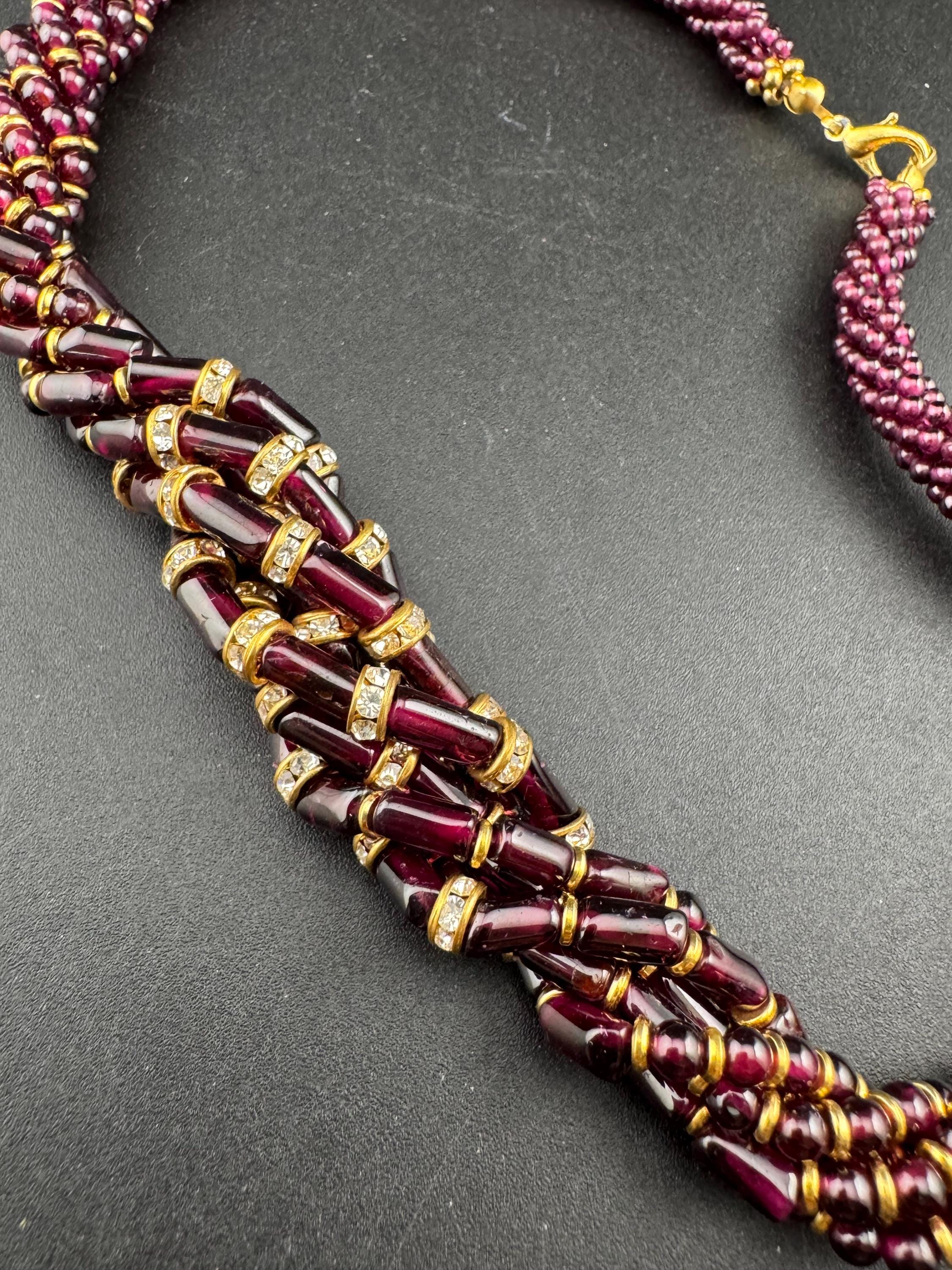 Retro natural garnet red purple gemstone beaded choker necklace 42cm set with clear diamanté