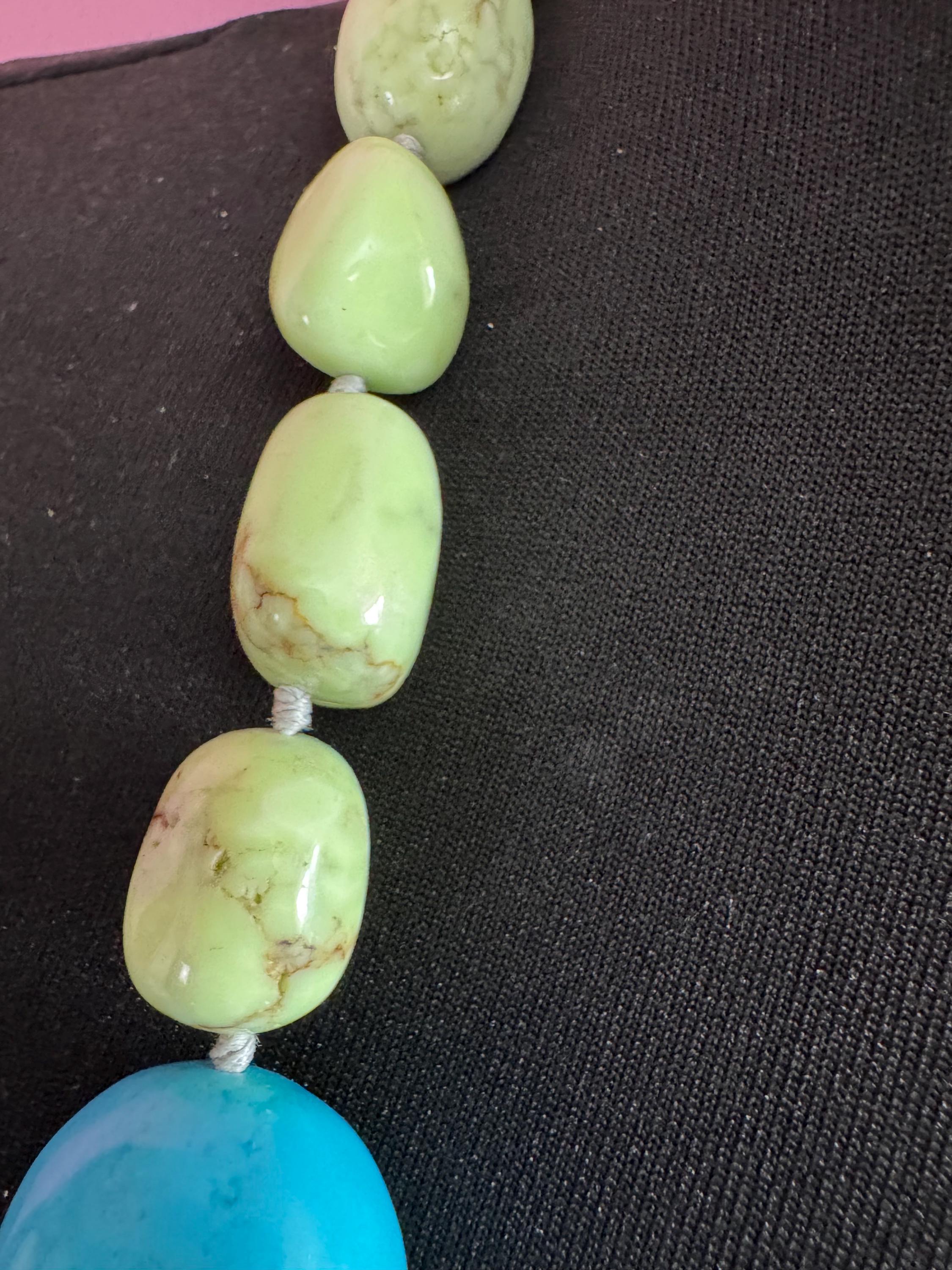 Vintage oversized old turquoise agate gemstone beaded long necklace, blue and green