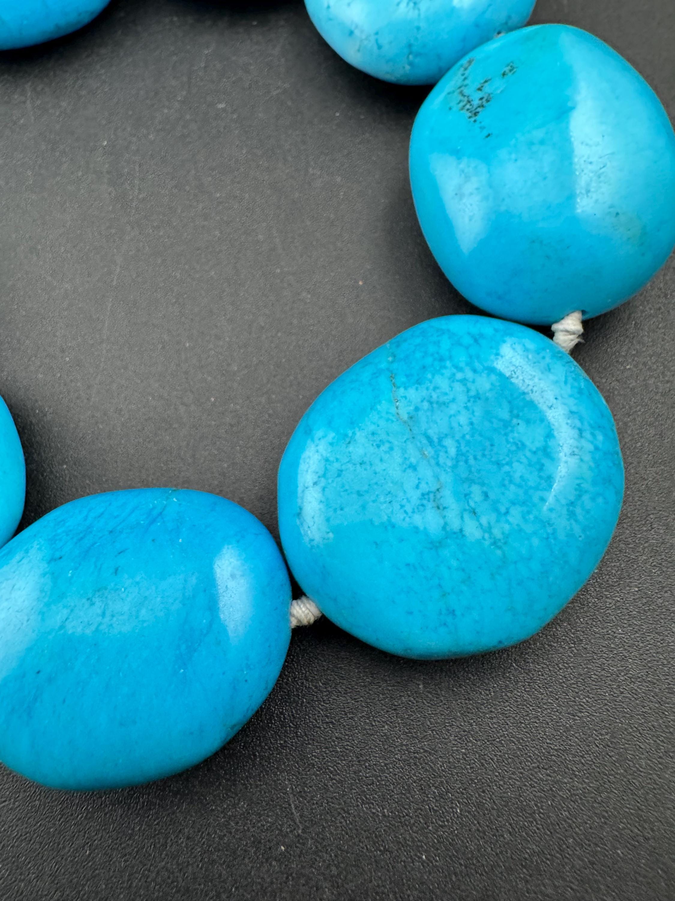 Vintage oversized old turquoise agate gemstone beaded long necklace, blue and green