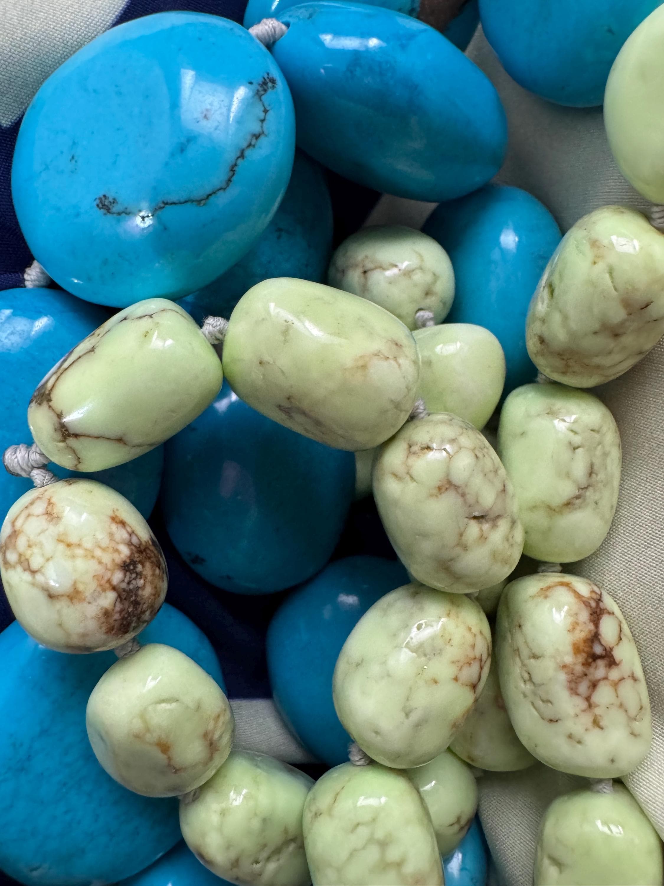 Vintage oversized old turquoise agate gemstone beaded long necklace, blue and green