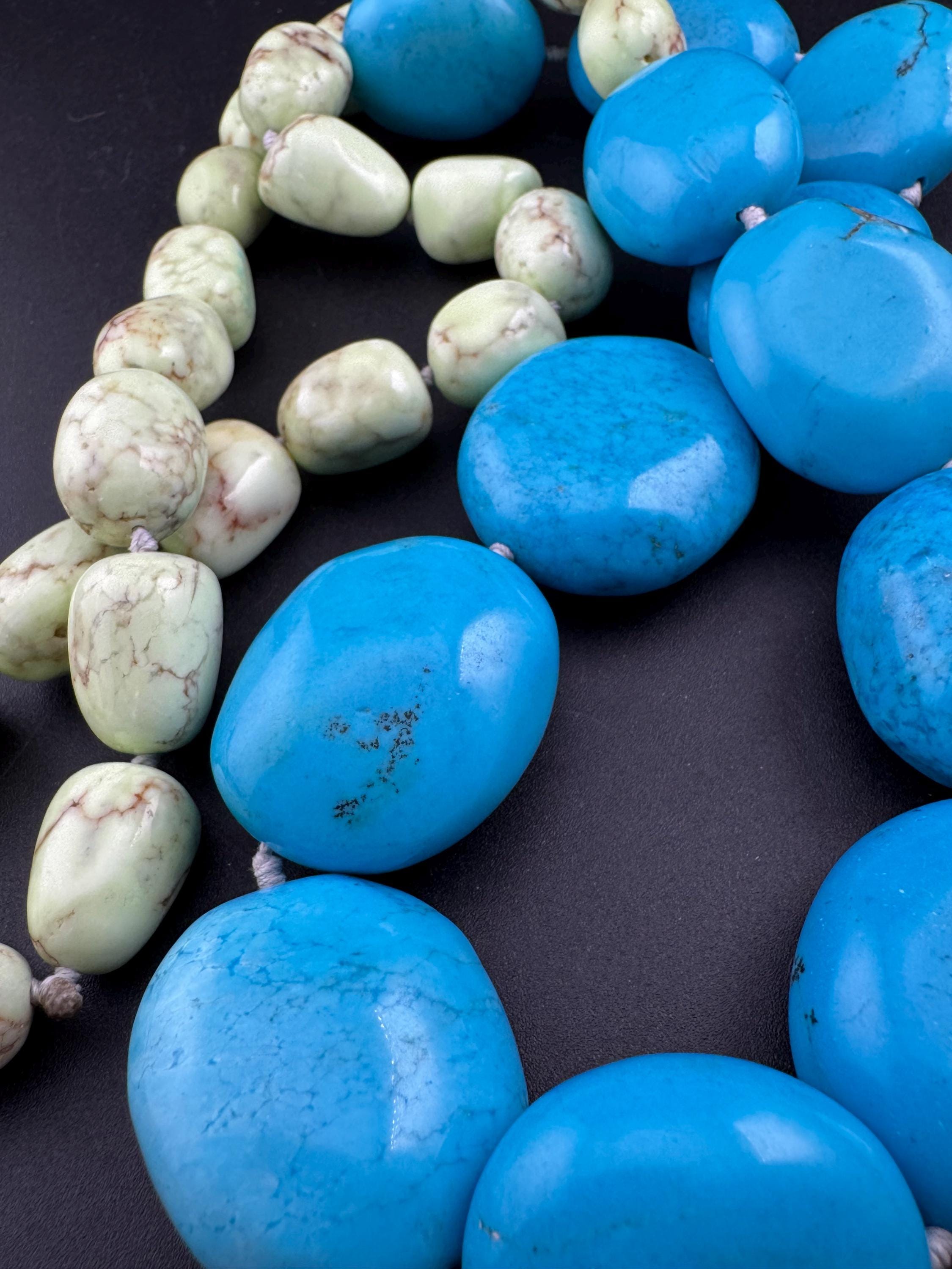 Vintage oversized old turquoise agate gemstone beaded long necklace, blue and green