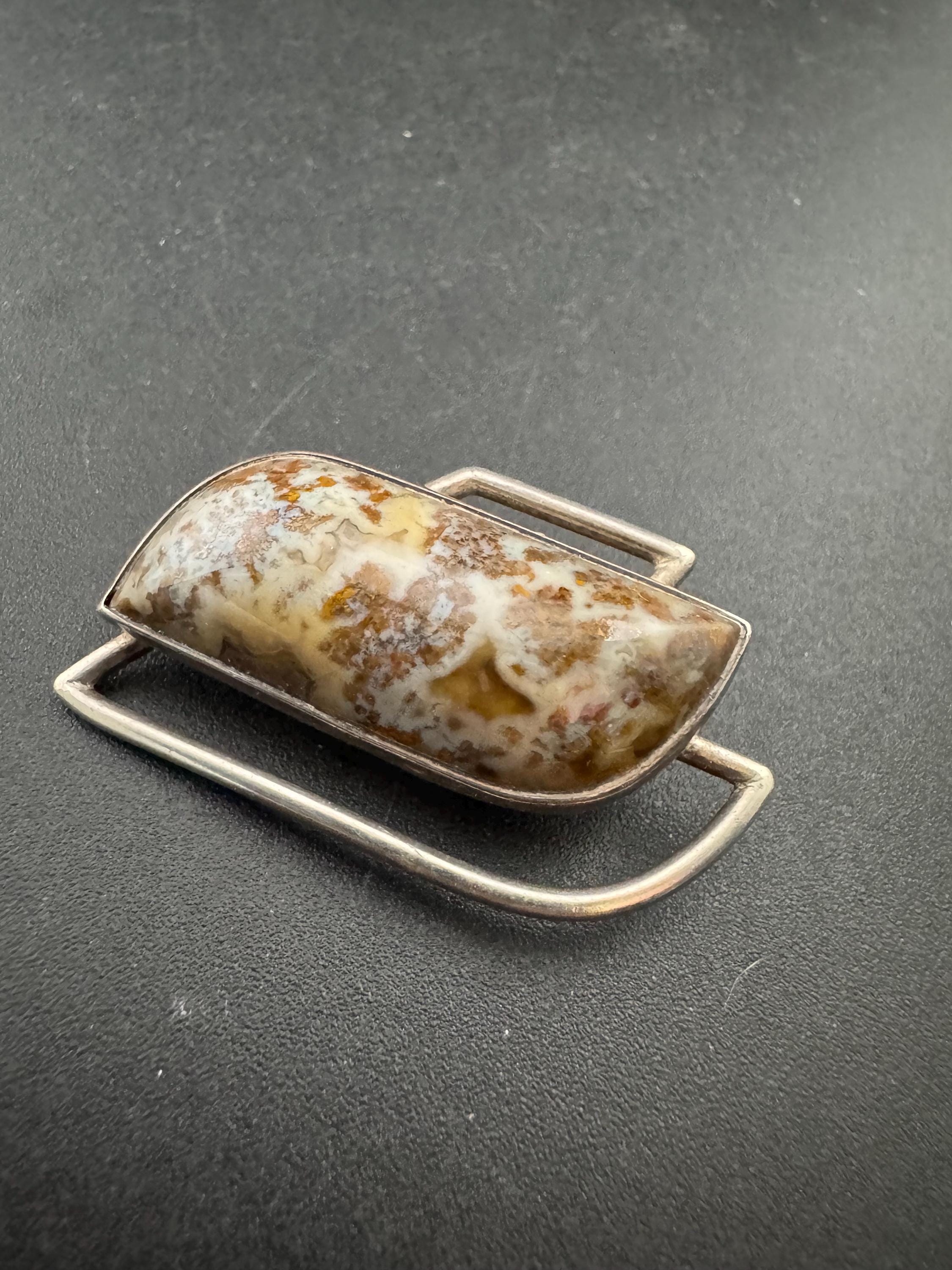 Signed FF Sterling Vintage brown agate modernist gemstone brooch 925 silver 10.4 grams