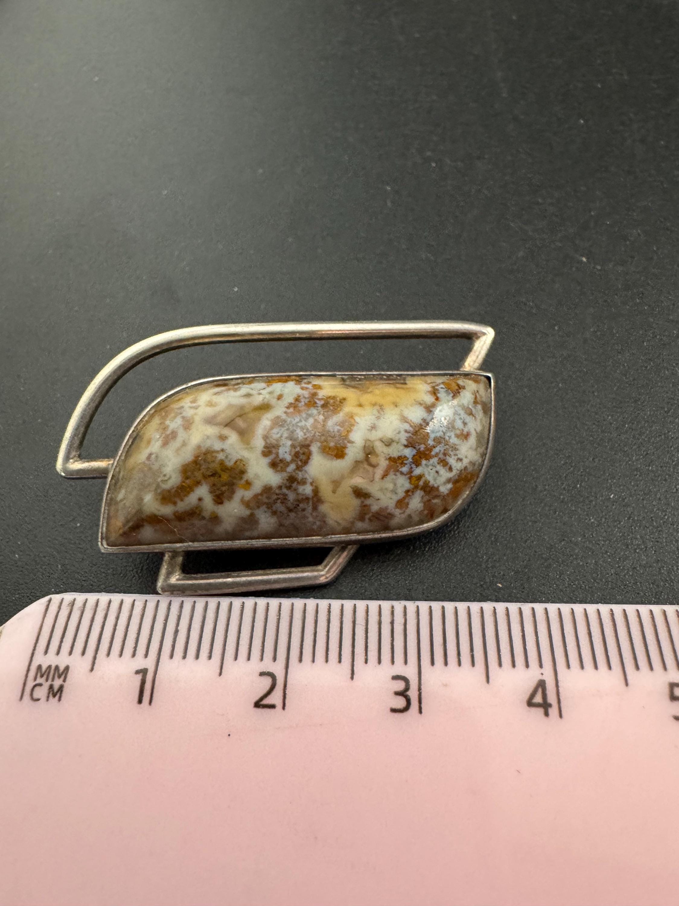 Signed FF Sterling Vintage brown agate modernist gemstone brooch 925 silver 10.4 grams