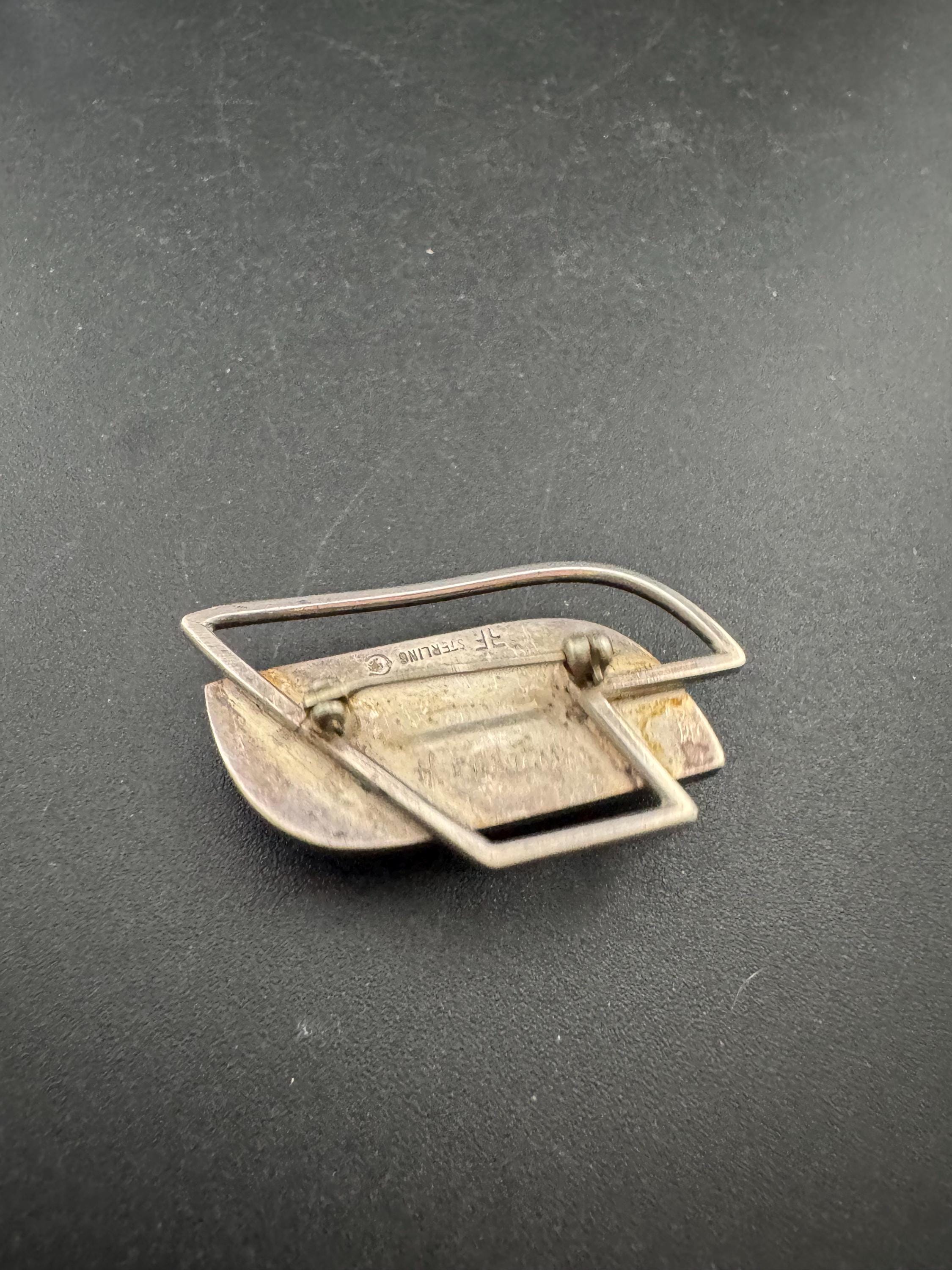 Signed FF Sterling Vintage brown agate modernist gemstone brooch 925 silver 10.4 grams