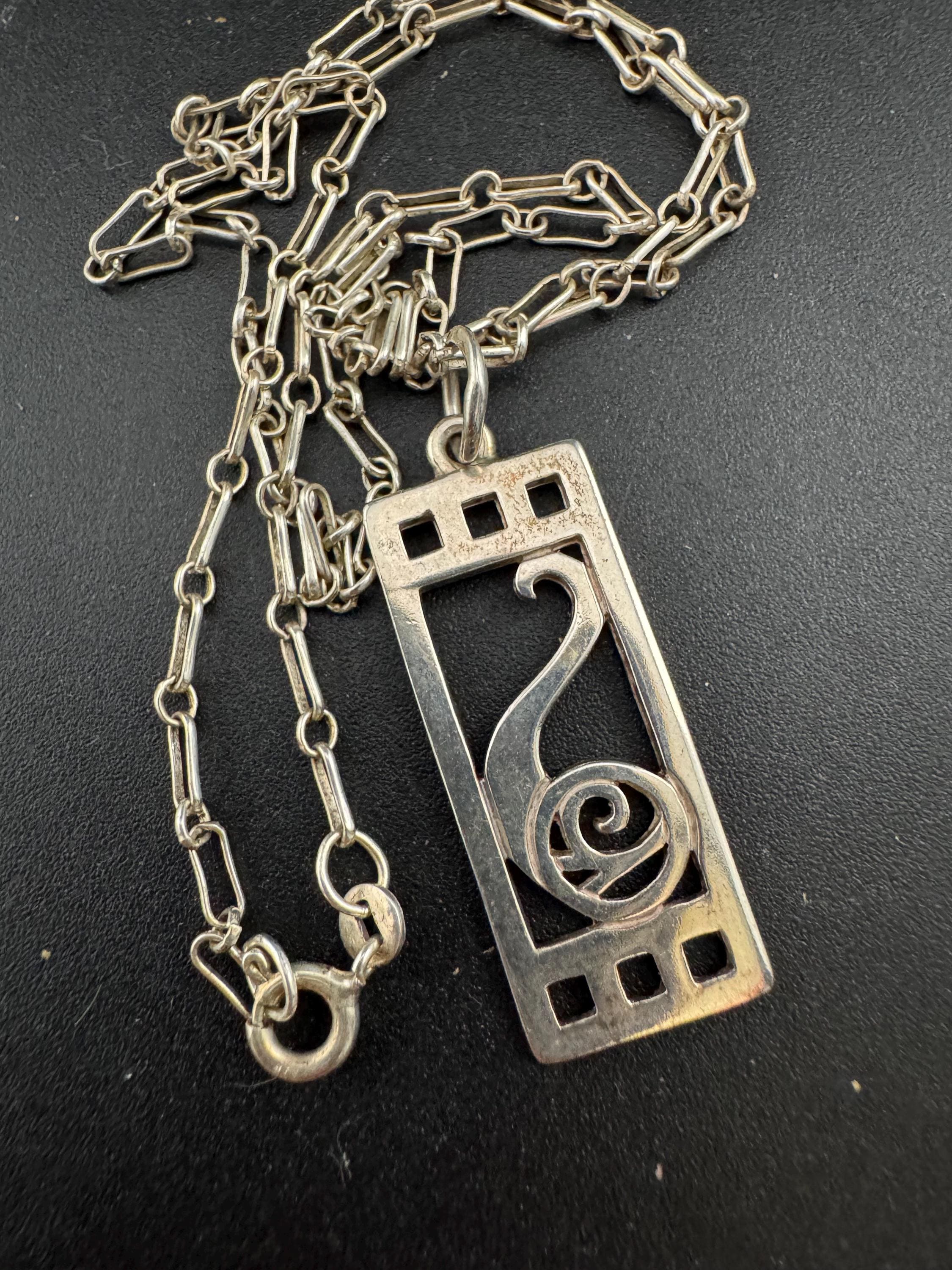 925 Silver pendant necklace Charles Rennie Mackintosh style, arts & crafts, full set of hallmarks