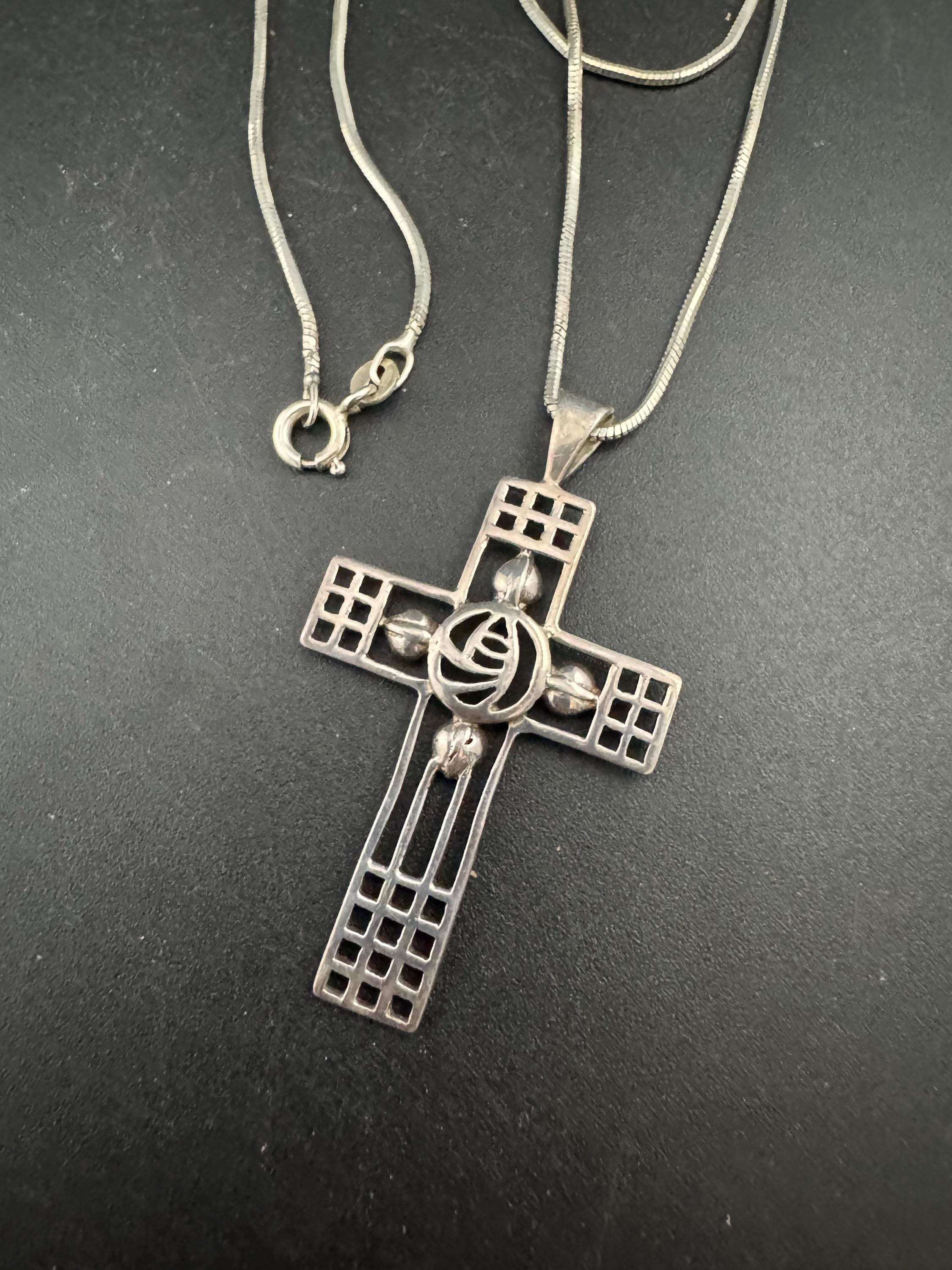 Sterling Silver Openwork Cross Pendant Necklace: Mackintosh Style