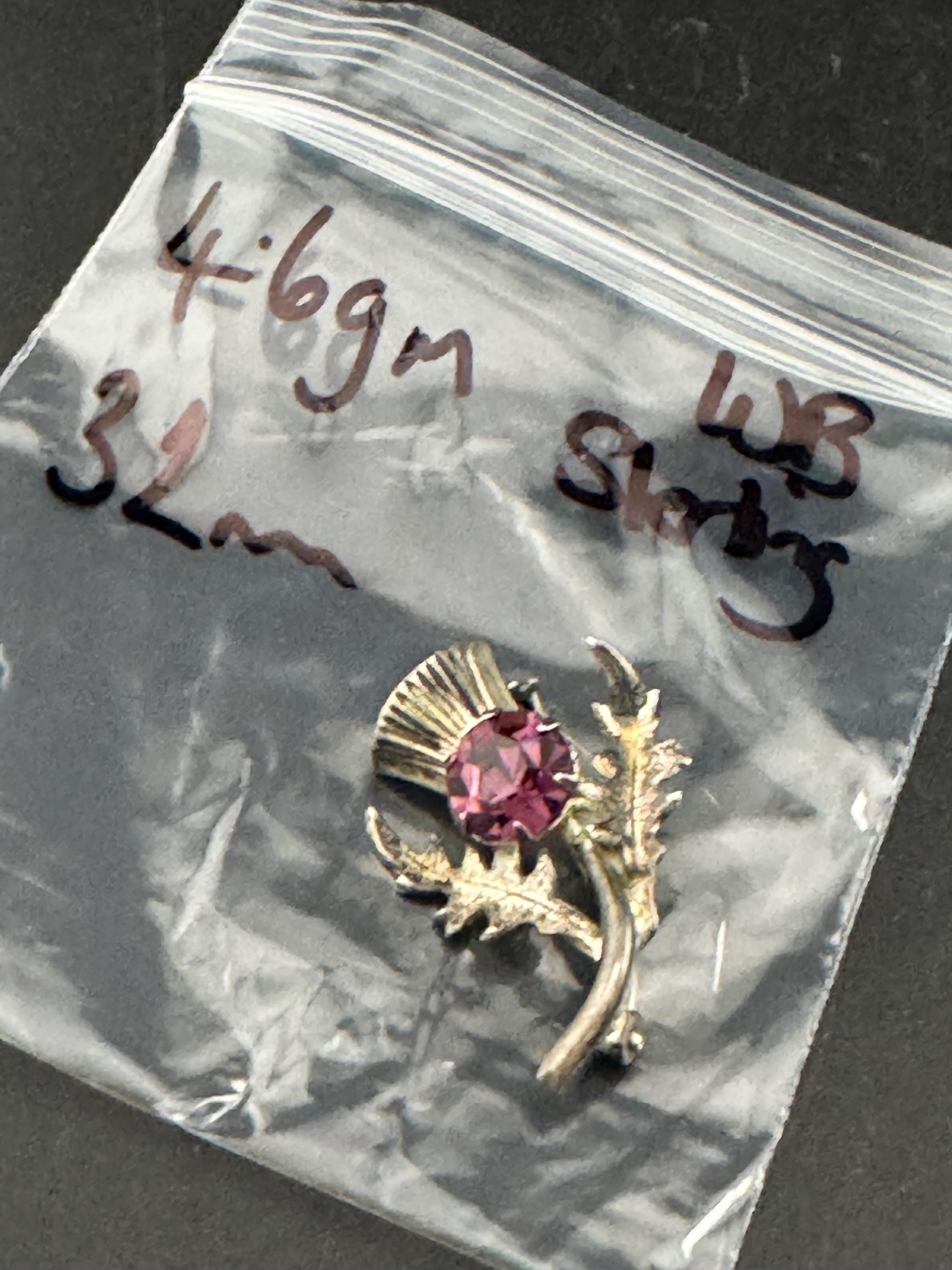 Vintage Scottish Thistle Brooch: Sterling Silver Amethyst Rhinestone, Signed WB