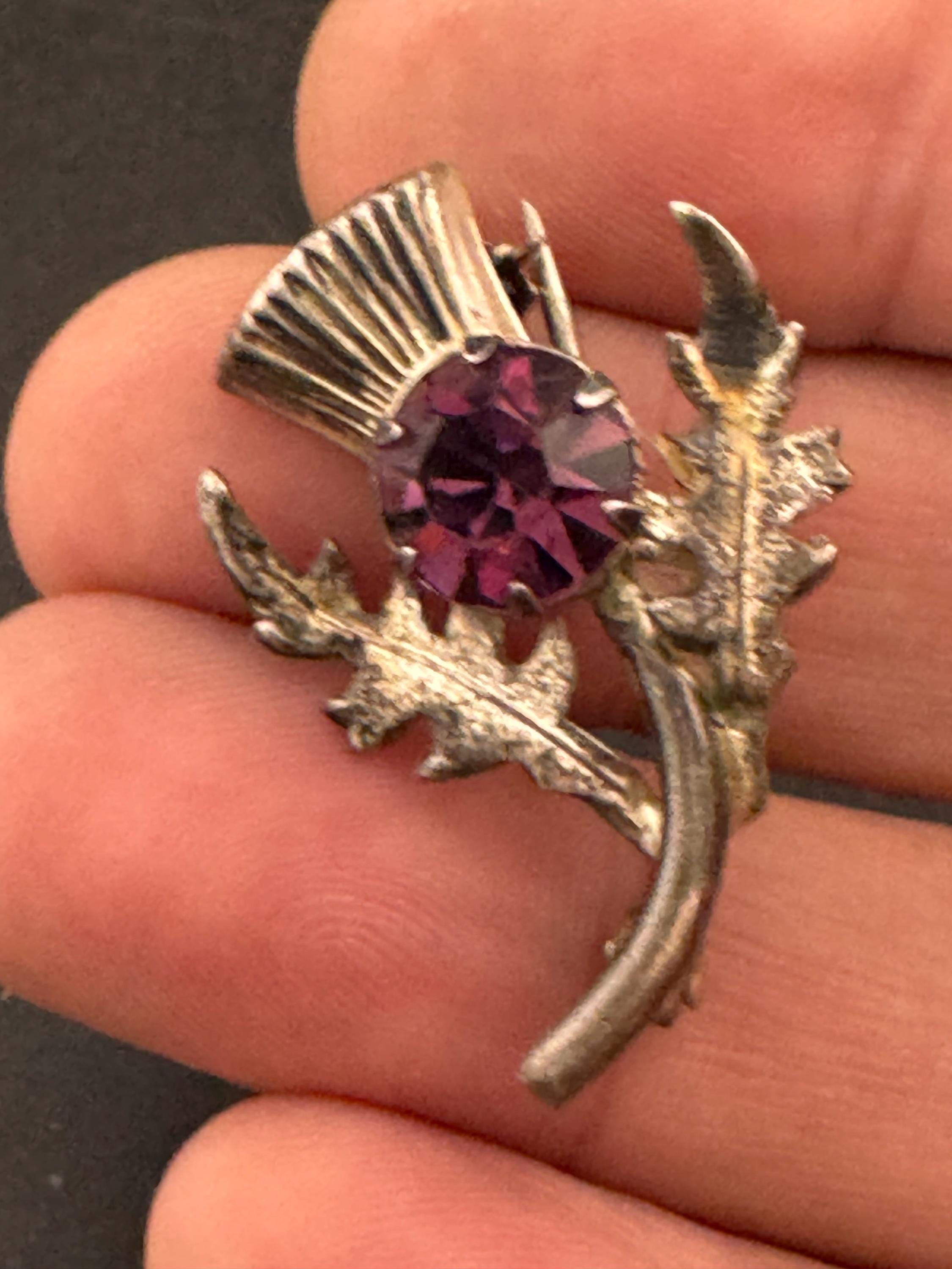 Vintage Scottish Thistle Brooch: Sterling Silver Amethyst Rhinestone, Signed WB
