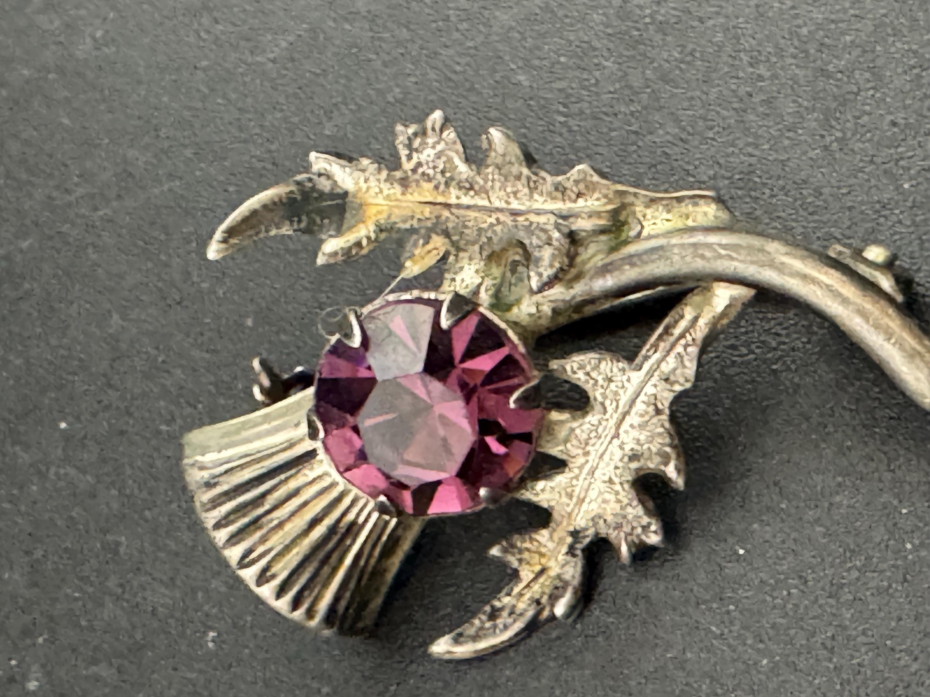 Vintage Scottish Thistle Brooch: Sterling Silver Amethyst Rhinestone, Signed WB