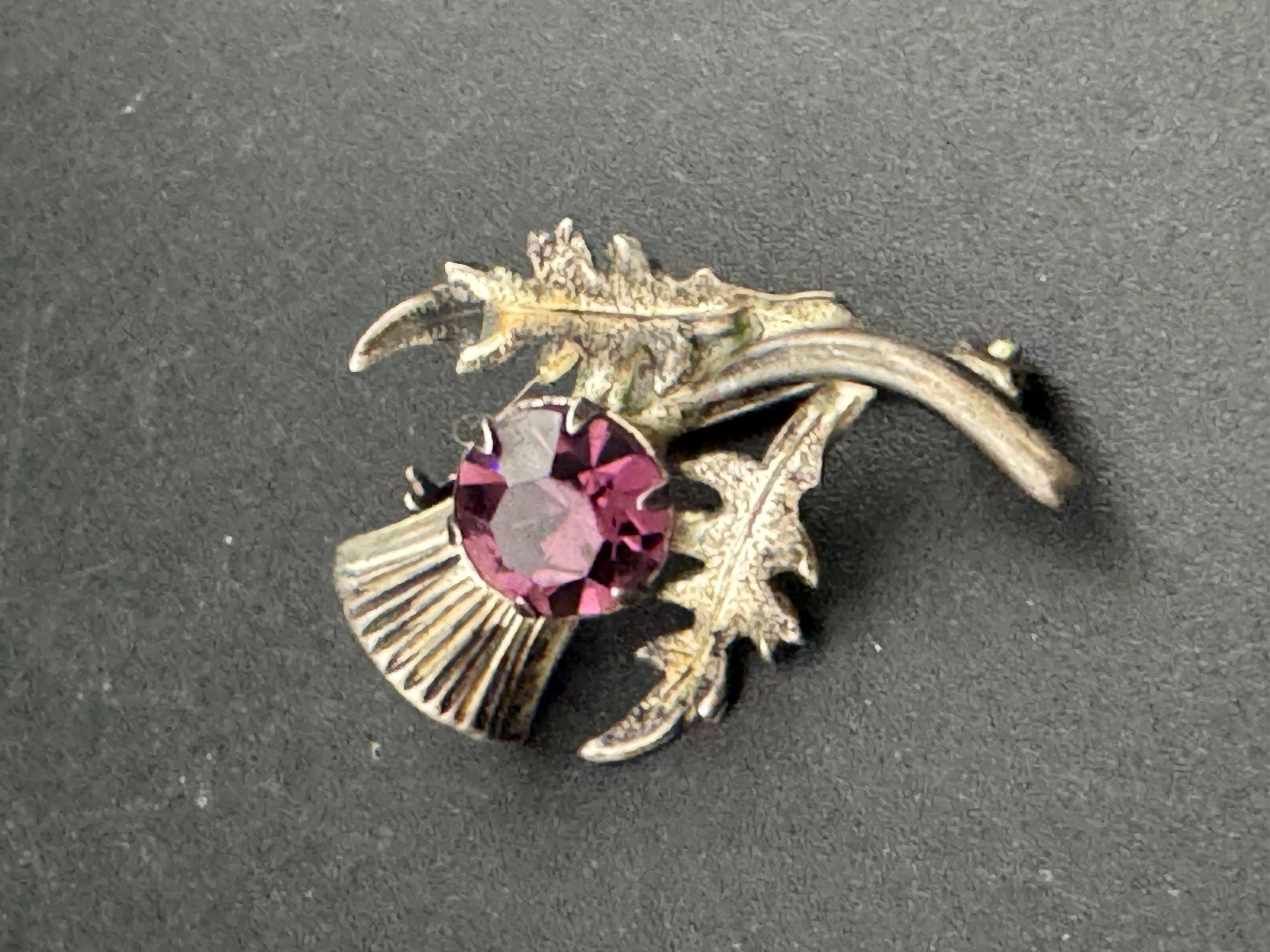 Vintage Scottish Thistle Brooch: Sterling Silver Amethyst Rhinestone, Signed WB