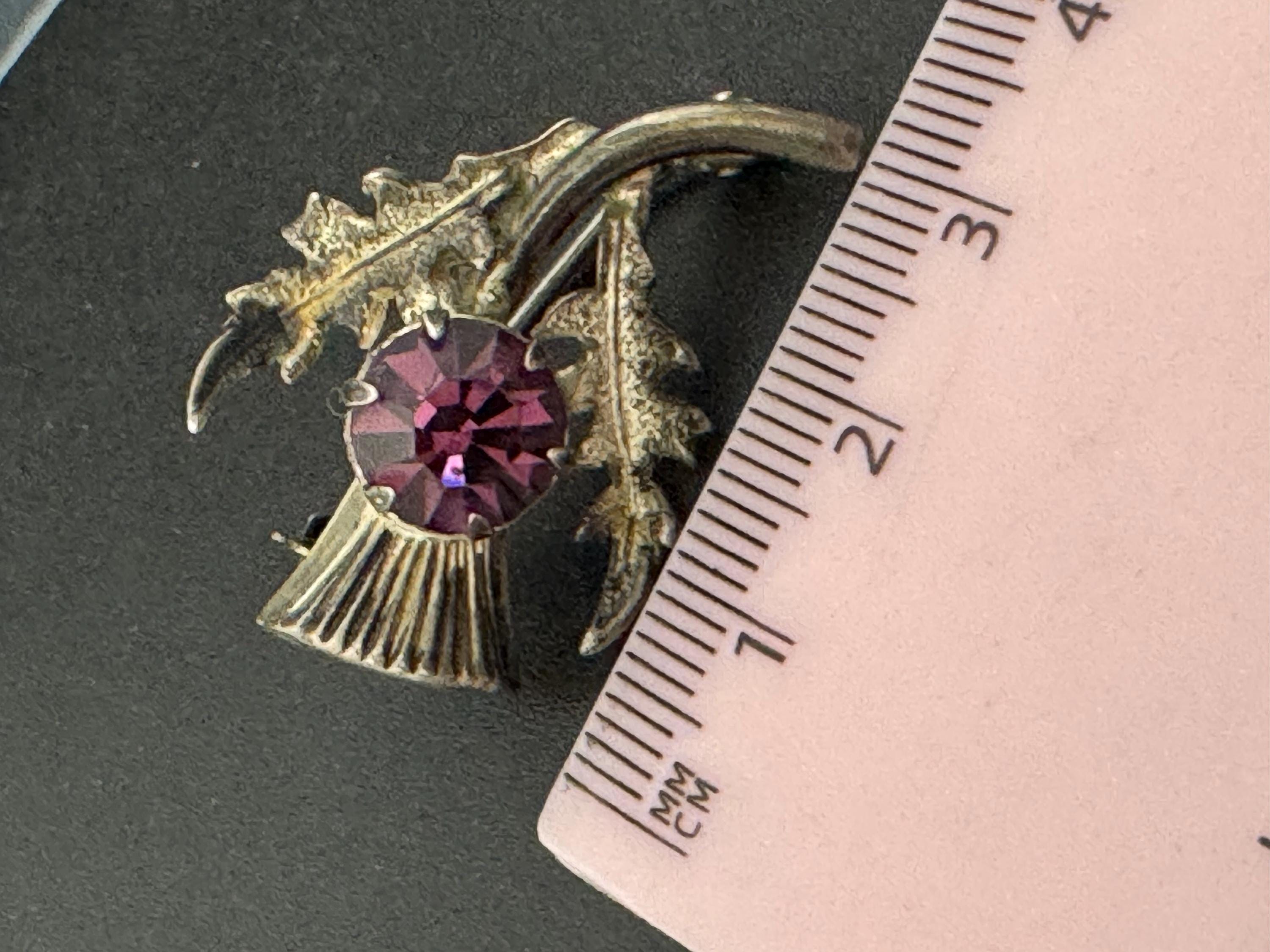 Vintage Scottish Thistle Brooch: Sterling Silver Amethyst Rhinestone, Signed WB