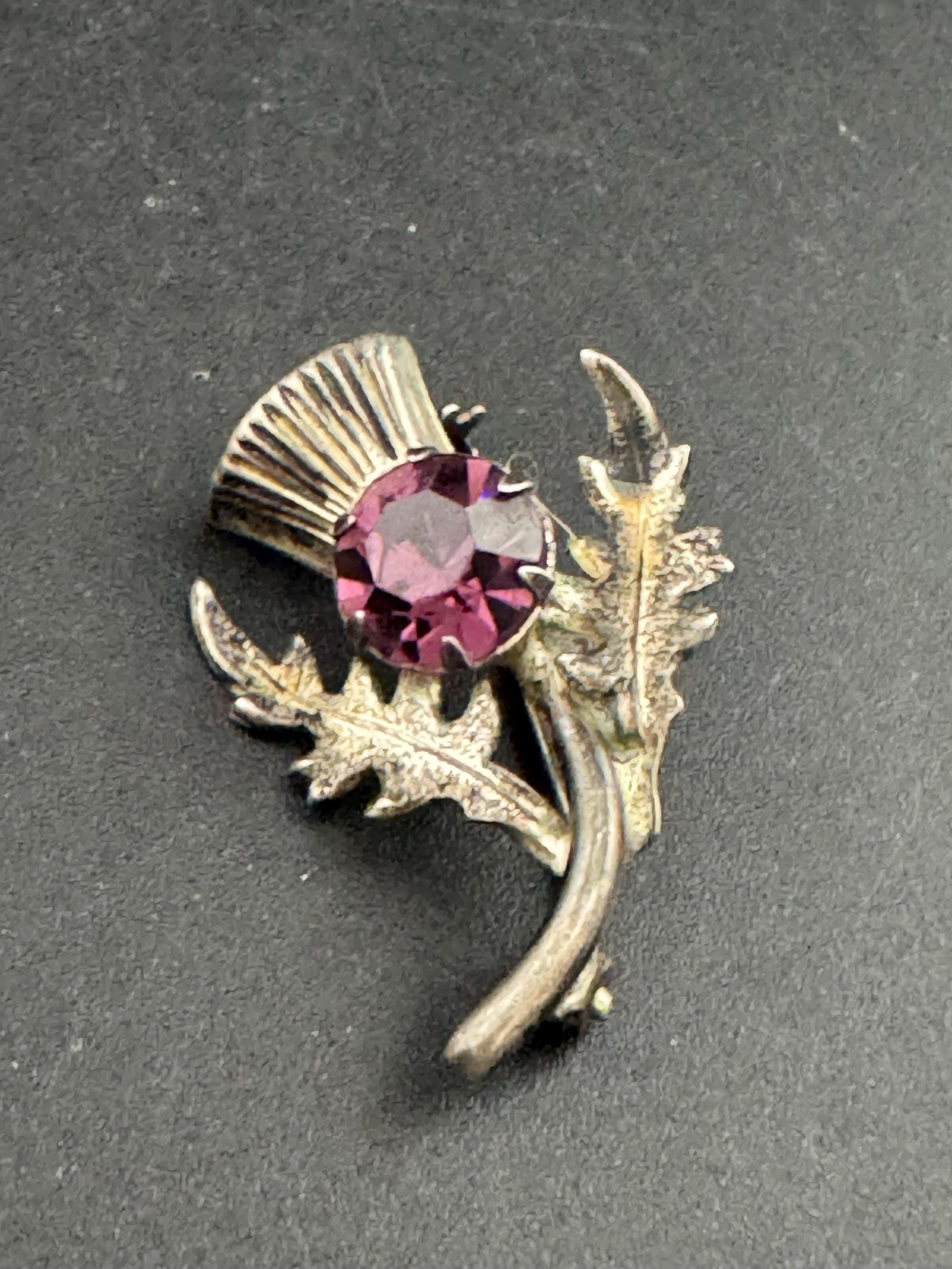 Vintage Scottish Thistle Brooch: Sterling Silver Amethyst Rhinestone, Signed WB