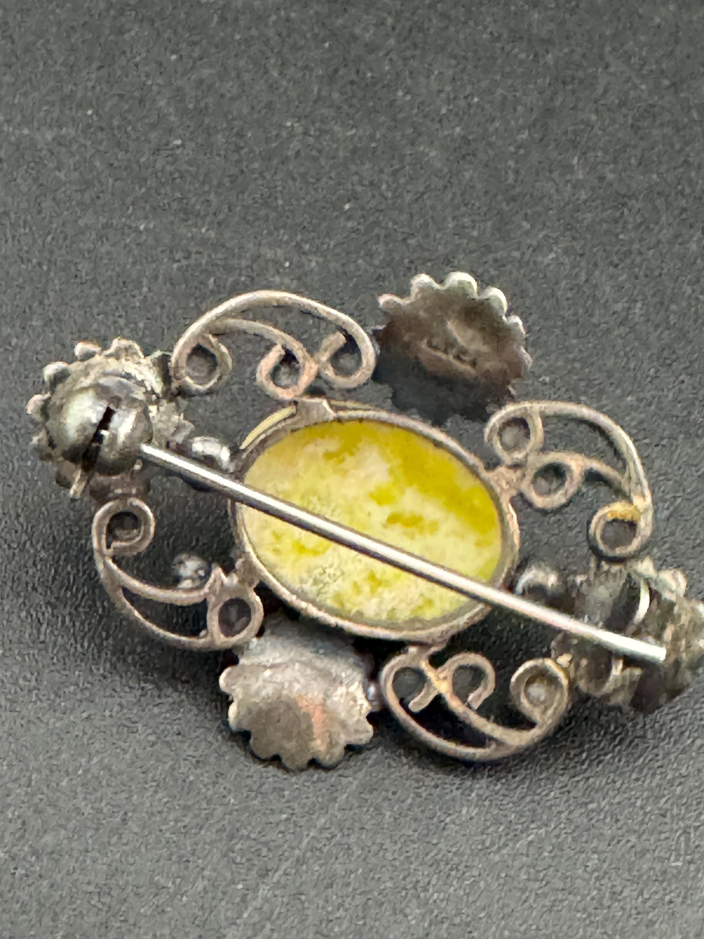Scottish Iona marble yellow gemstone 925 sterling silver antique brooch