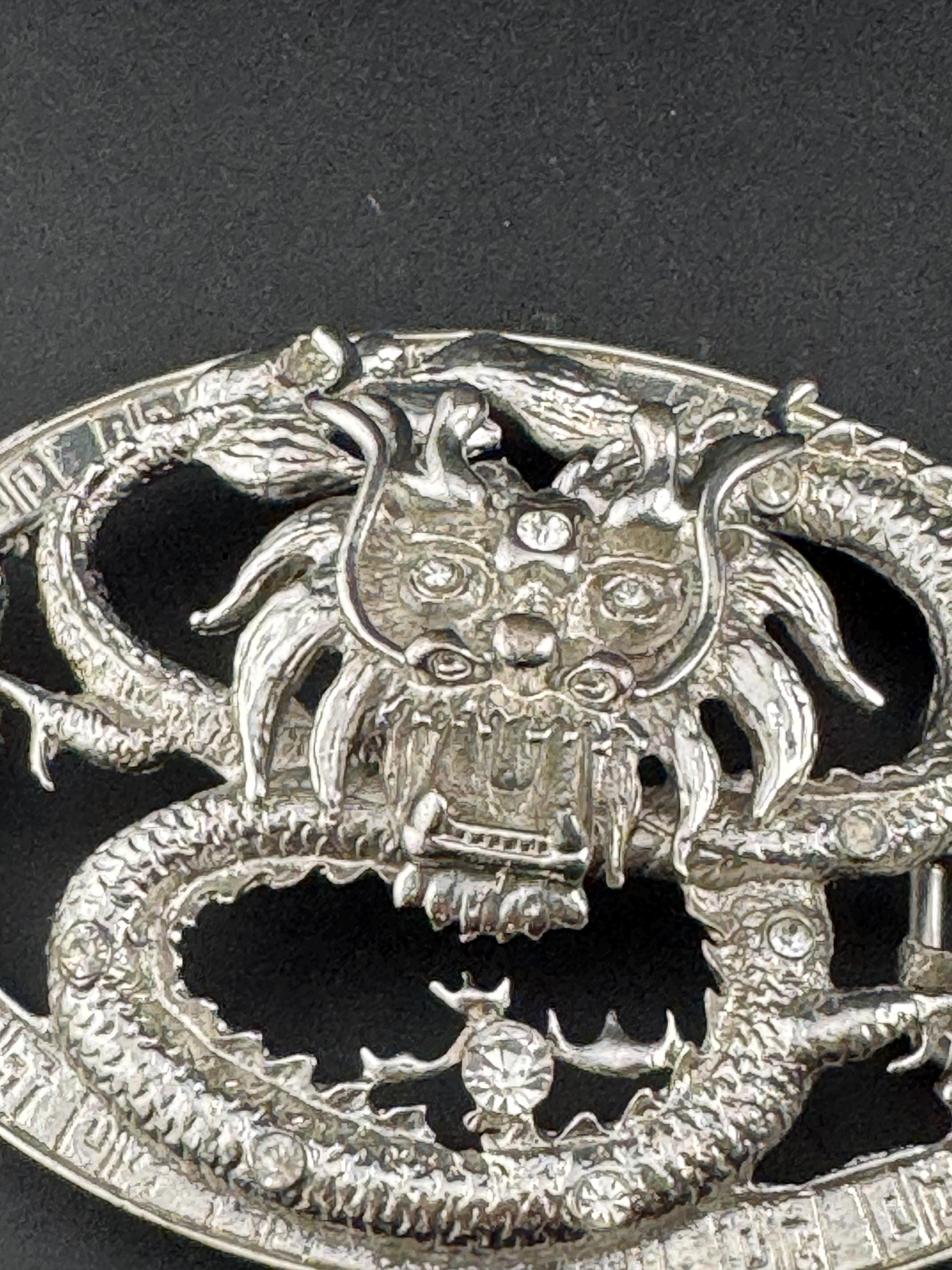 Huge vintage men’s chinese dragon crystal diamanté set silver tone steel belt buckle