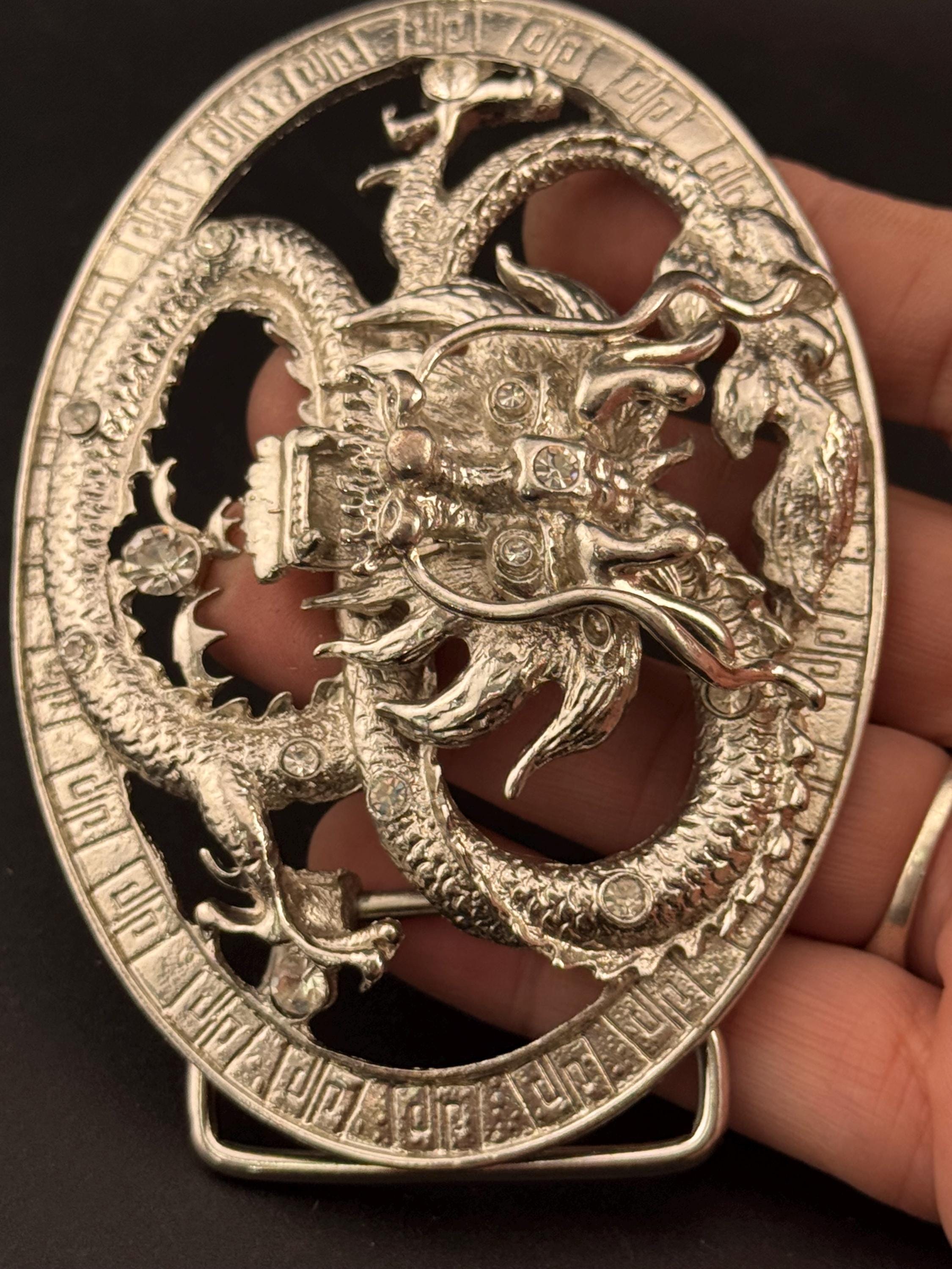 Huge vintage men’s chinese dragon crystal diamanté set silver tone steel belt buckle