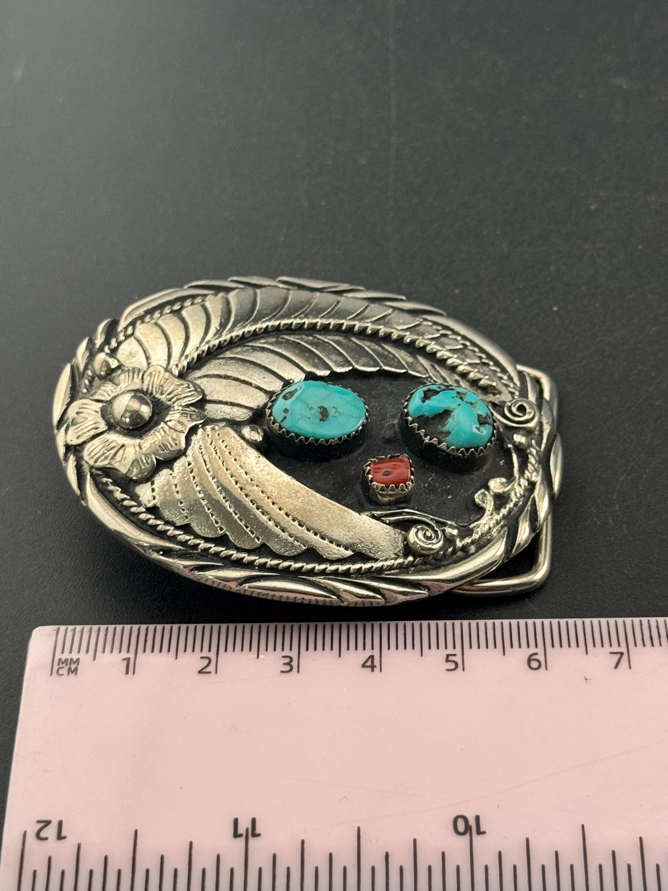 Handcrafted USA genuine turquoise and coral gemstone southwestern unisex silver tone steel belt buckle