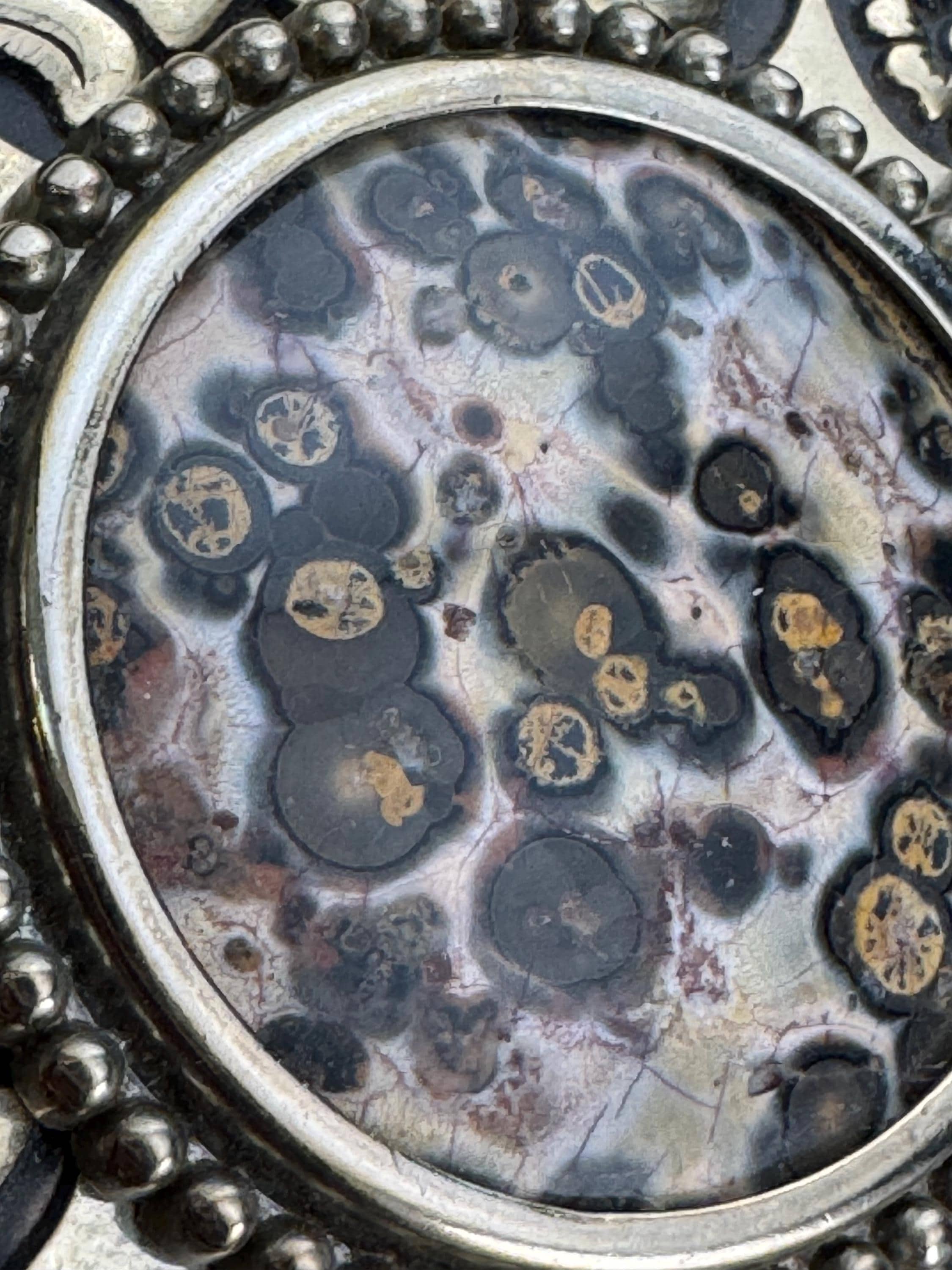 Vintage Large engraved floral brown gemstone Champagne gold tone steel belt buckle