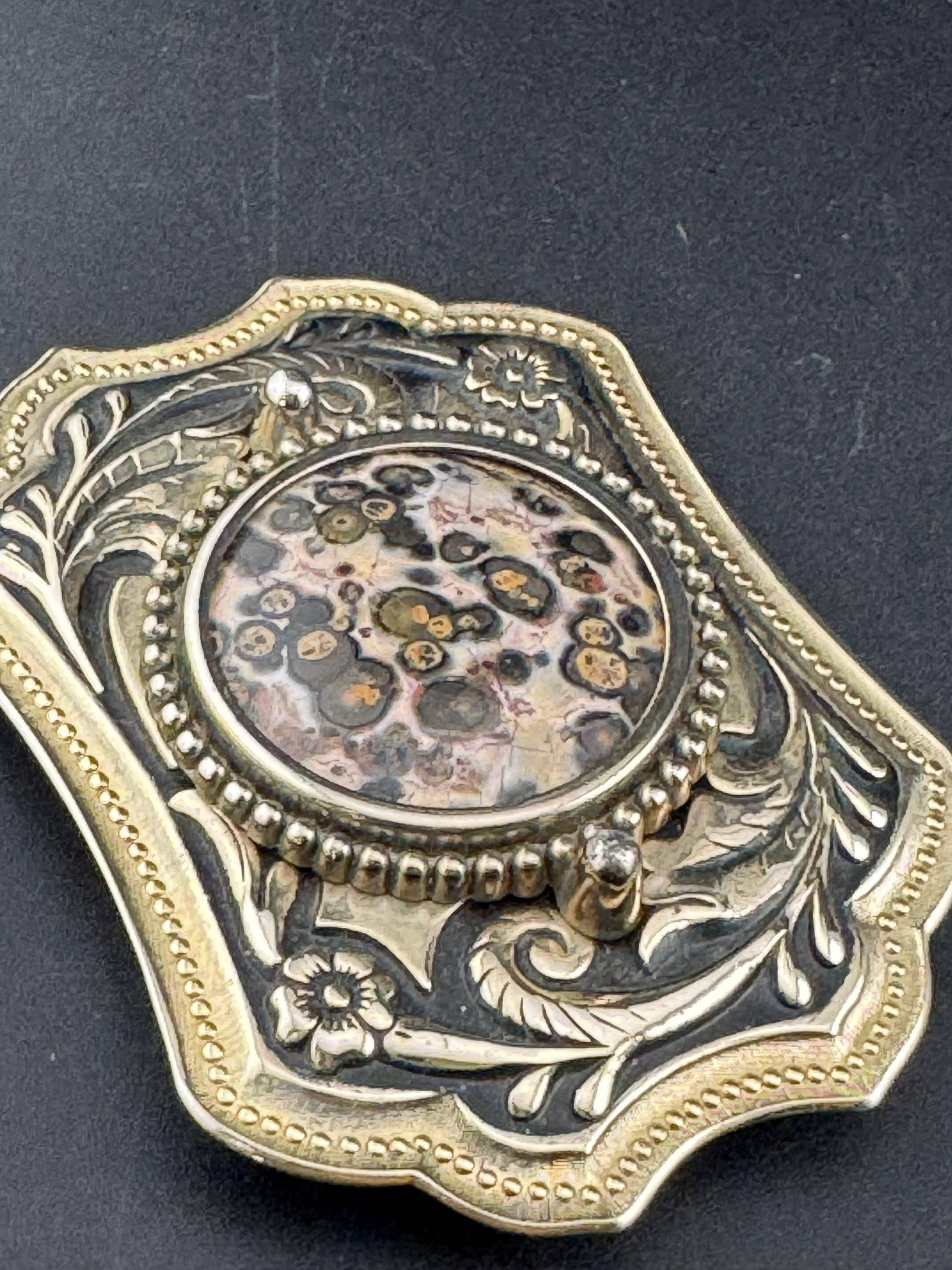 Vintage Large engraved floral brown gemstone Champagne gold tone steel belt buckle