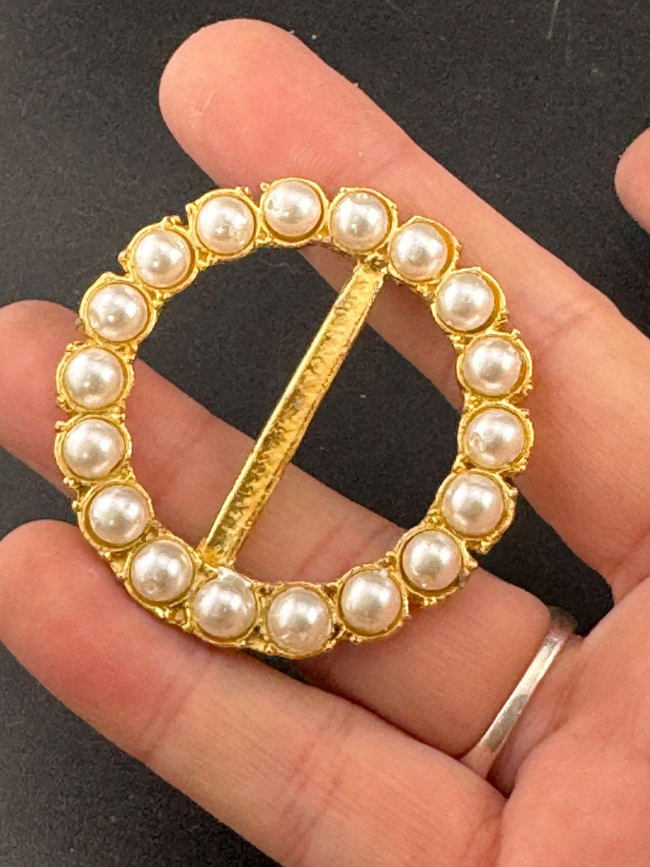 vintage gold tone 4cm beaded pearl ladies belt buckle, dressmaking sewing haberdashery
