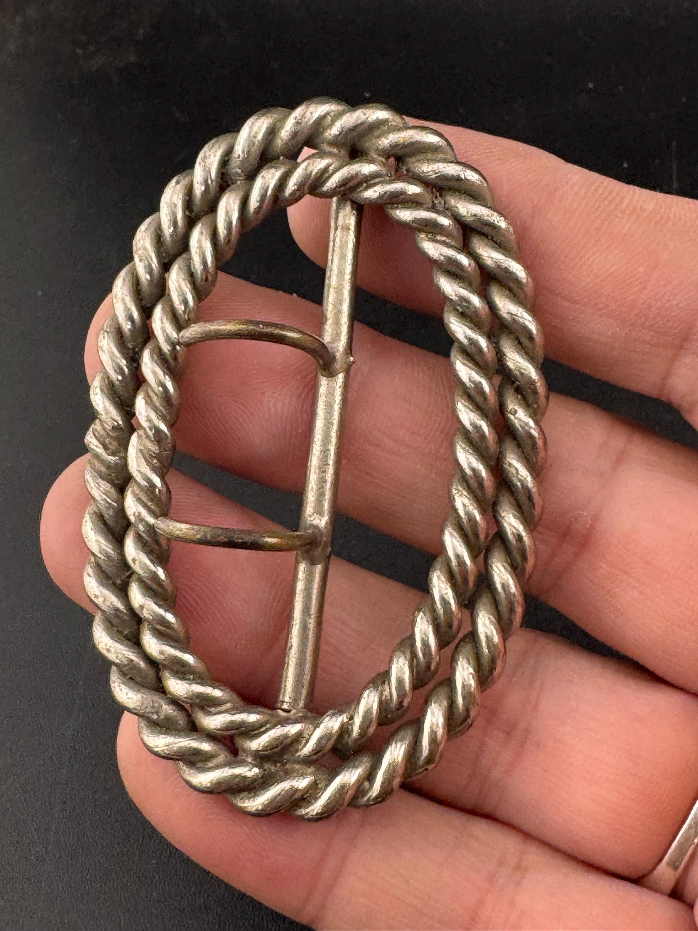 vintage silver tone nautical rope twist oval 2 prong 6cm belt buckle, dressmaking sewing haberdashery, 1800s