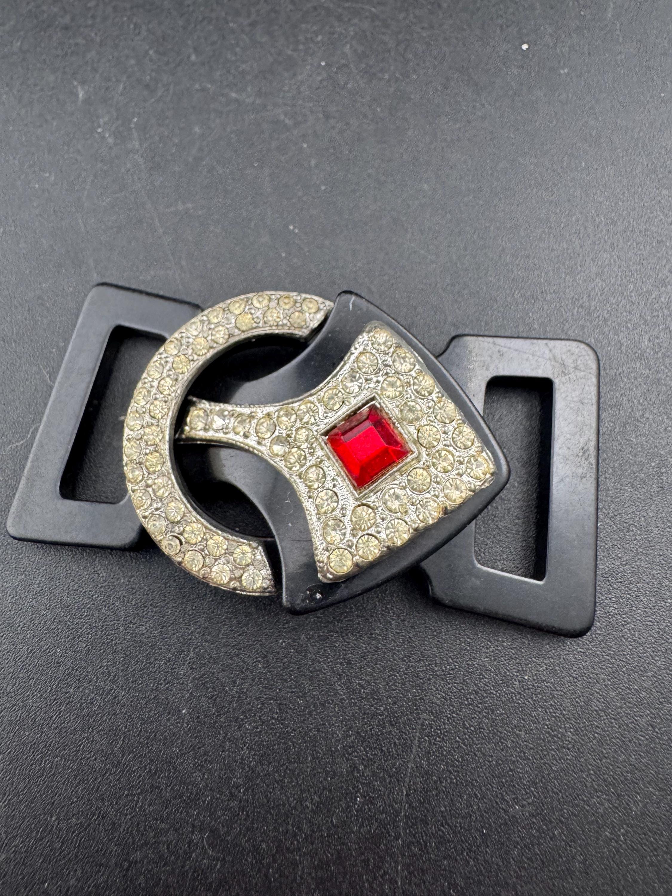 Antique Art Deco Black early plastic 2 part double ruby red and clear crystal rhinestone Belt Buckle 1920s 1930s Sewing Haberdashery