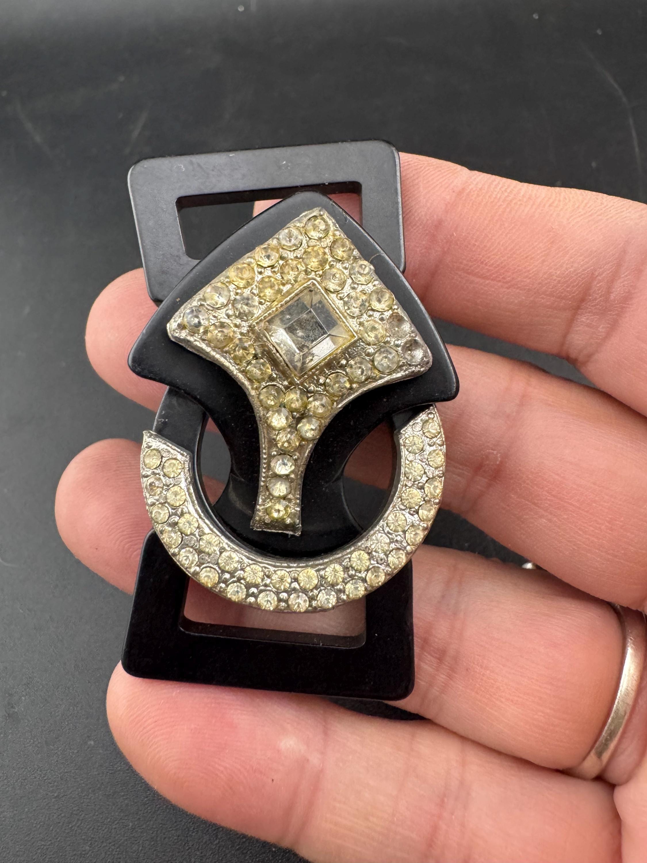 Antique Art Deco Black early plastic 2 part double geometric clear crystal rhinestone Belt Buckle 1920s 1930s Sewing Haberdashery