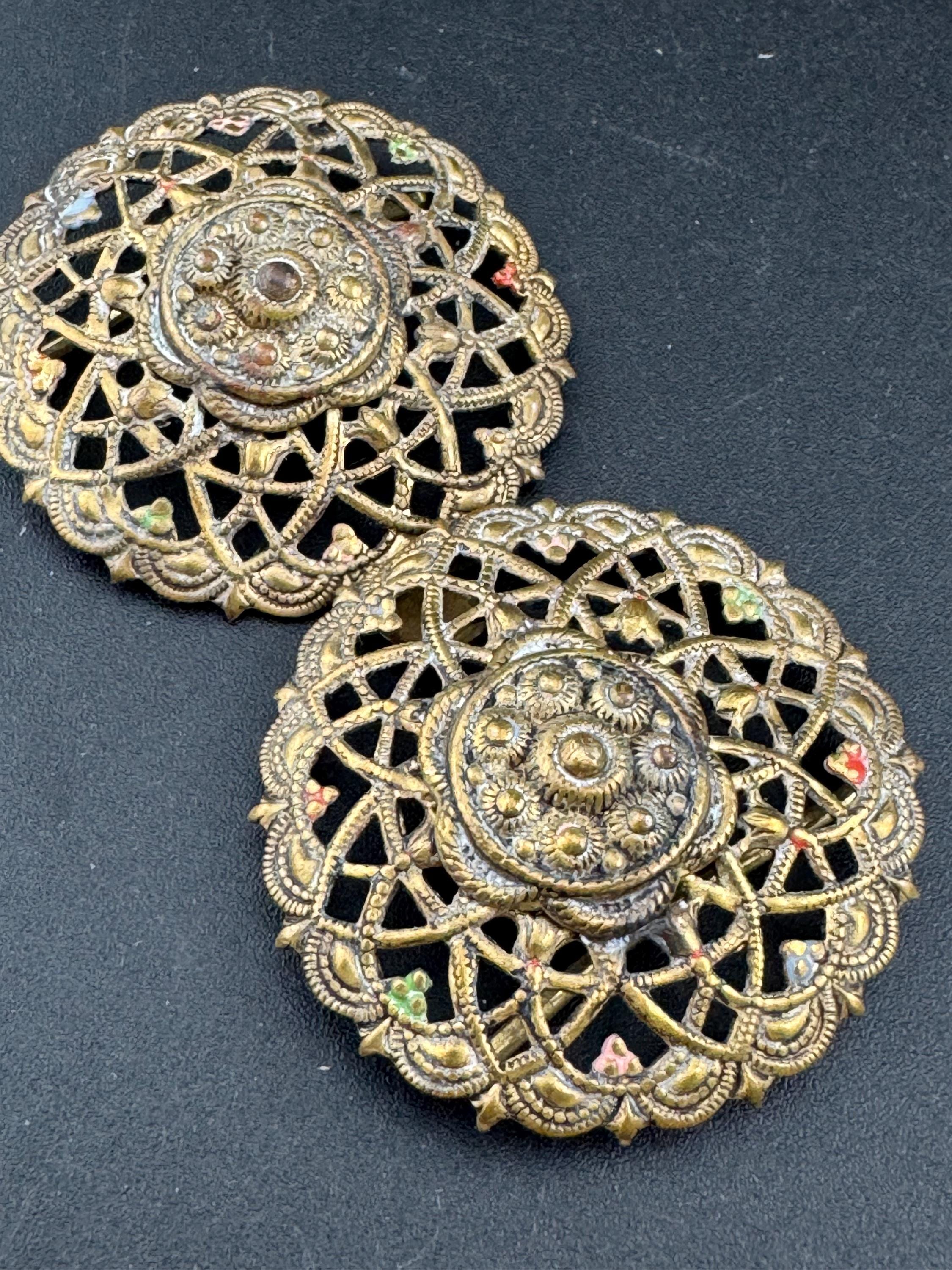 2 part belt buckle Antique filigree brass work gold tone domed Metal Vintage Belt buckle Dressmaking vintage couture steampunk