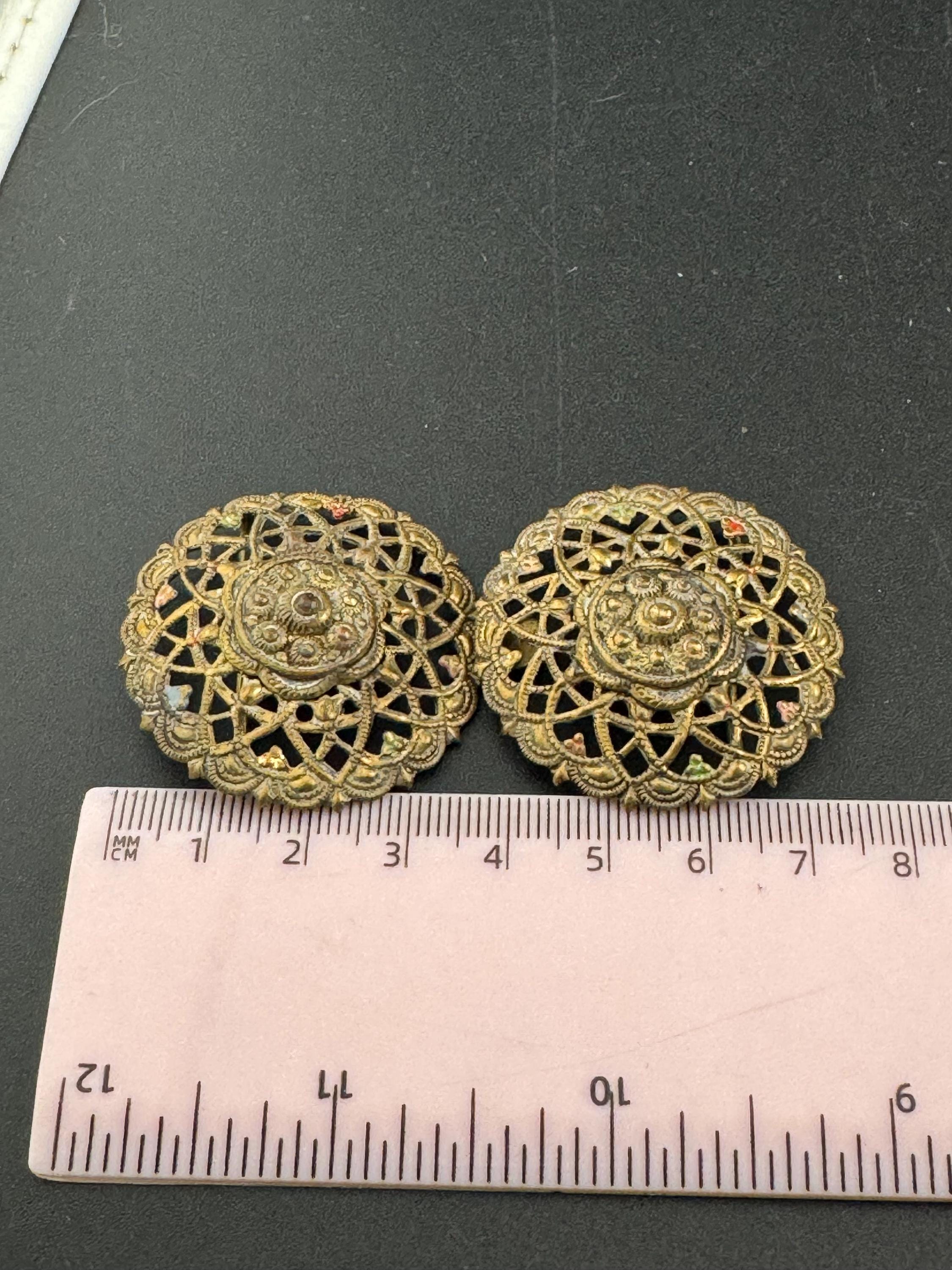 2 part belt buckle Antique filigree brass work gold tone domed Metal Vintage Belt buckle Dressmaking vintage couture steampunk
