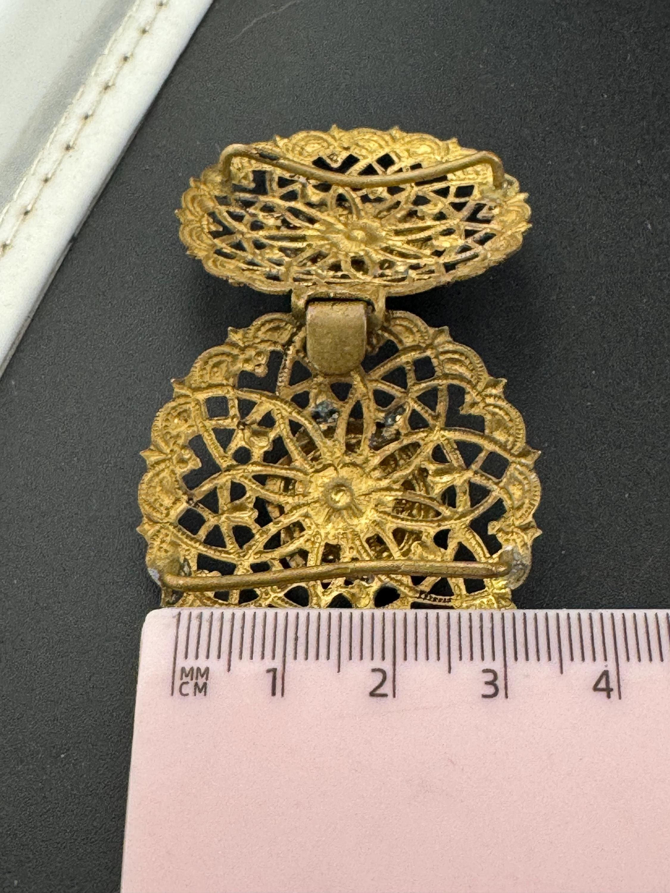 2 part belt buckle Antique filigree brass work gold tone domed Metal Vintage Belt buckle Dressmaking vintage couture steampunk