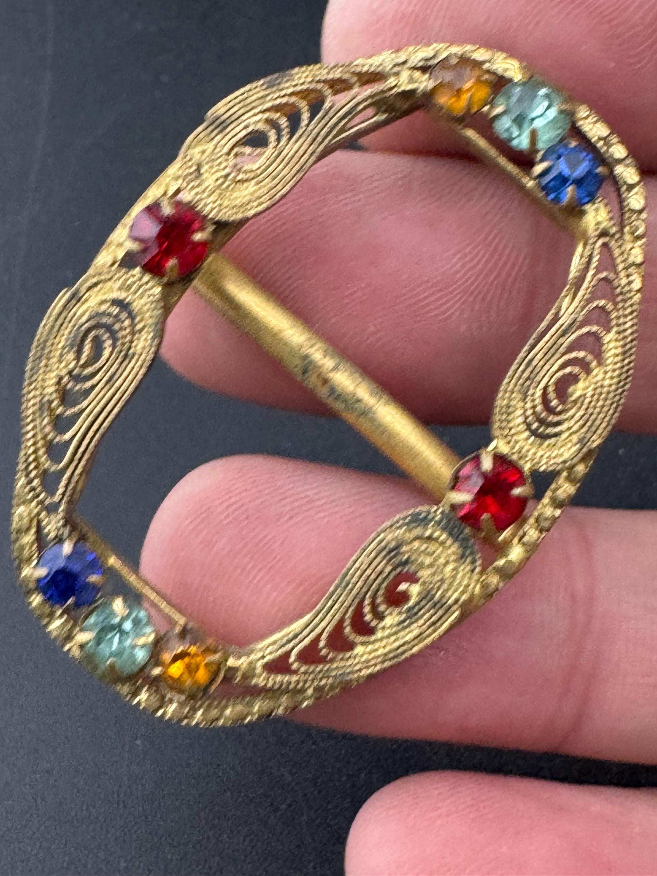 Antique Crystal rainbow Paste diamanté brass filigree Czech belt buckle 1920s