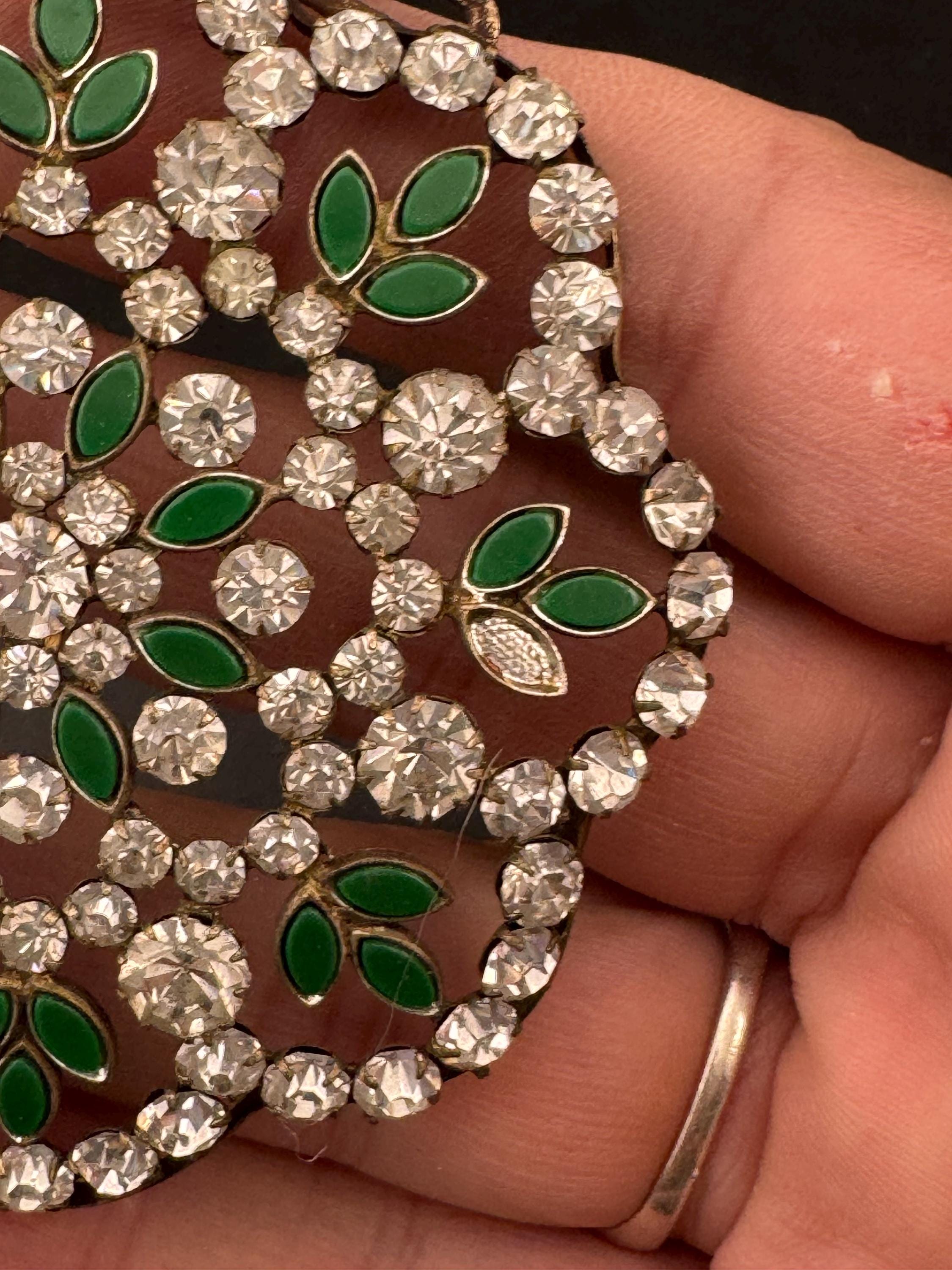 Antique large flower shaped emerald green enamel glass diamanté sew on embellishment