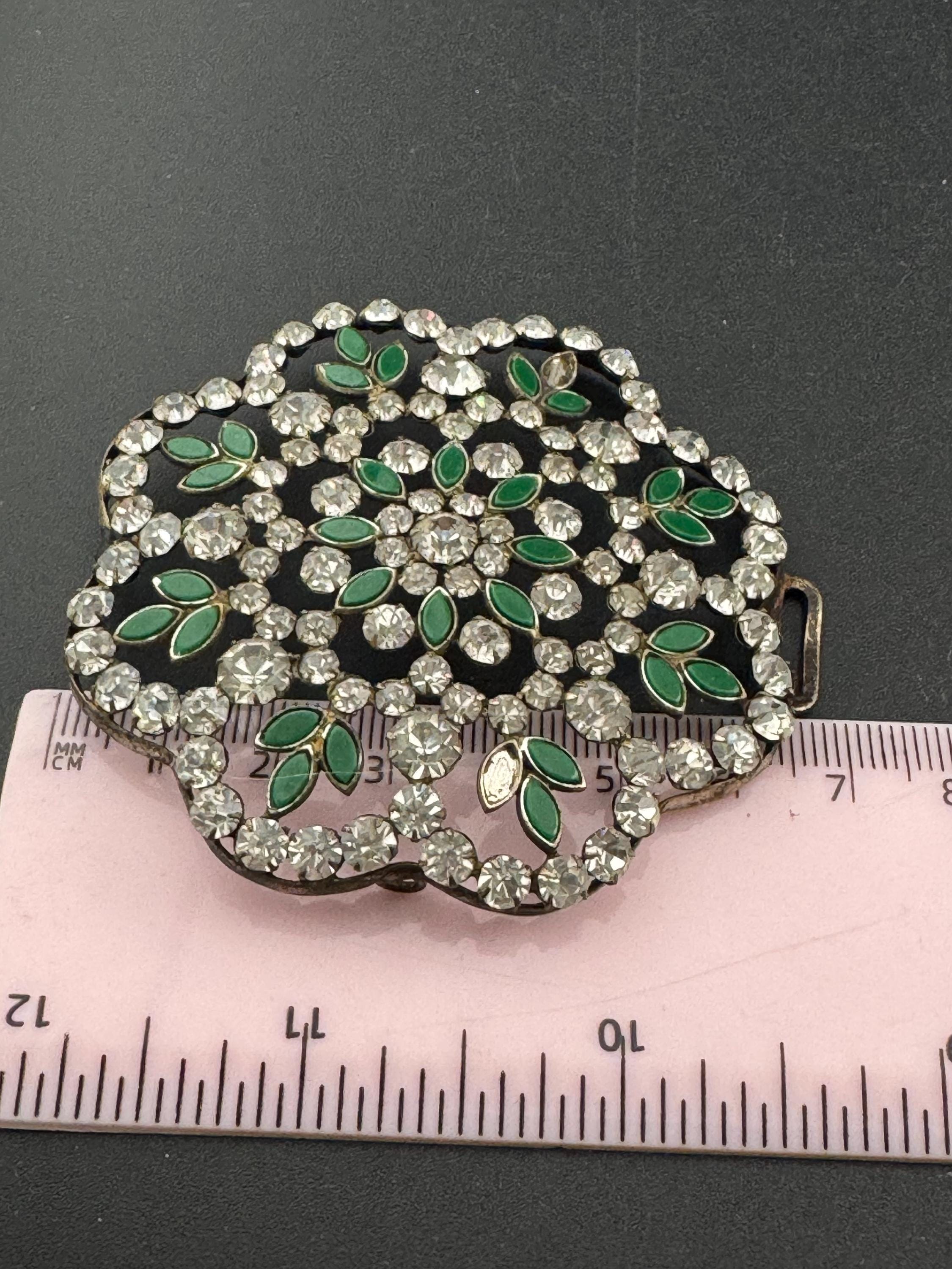 Antique large flower shaped emerald green enamel glass diamanté sew on embellishment