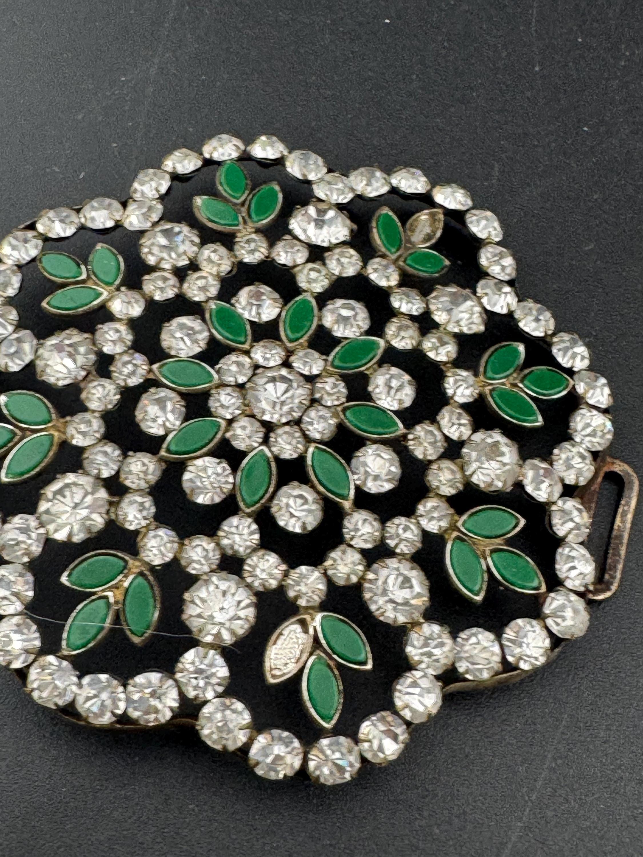 Antique large flower shaped emerald green enamel glass diamanté sew on embellishment