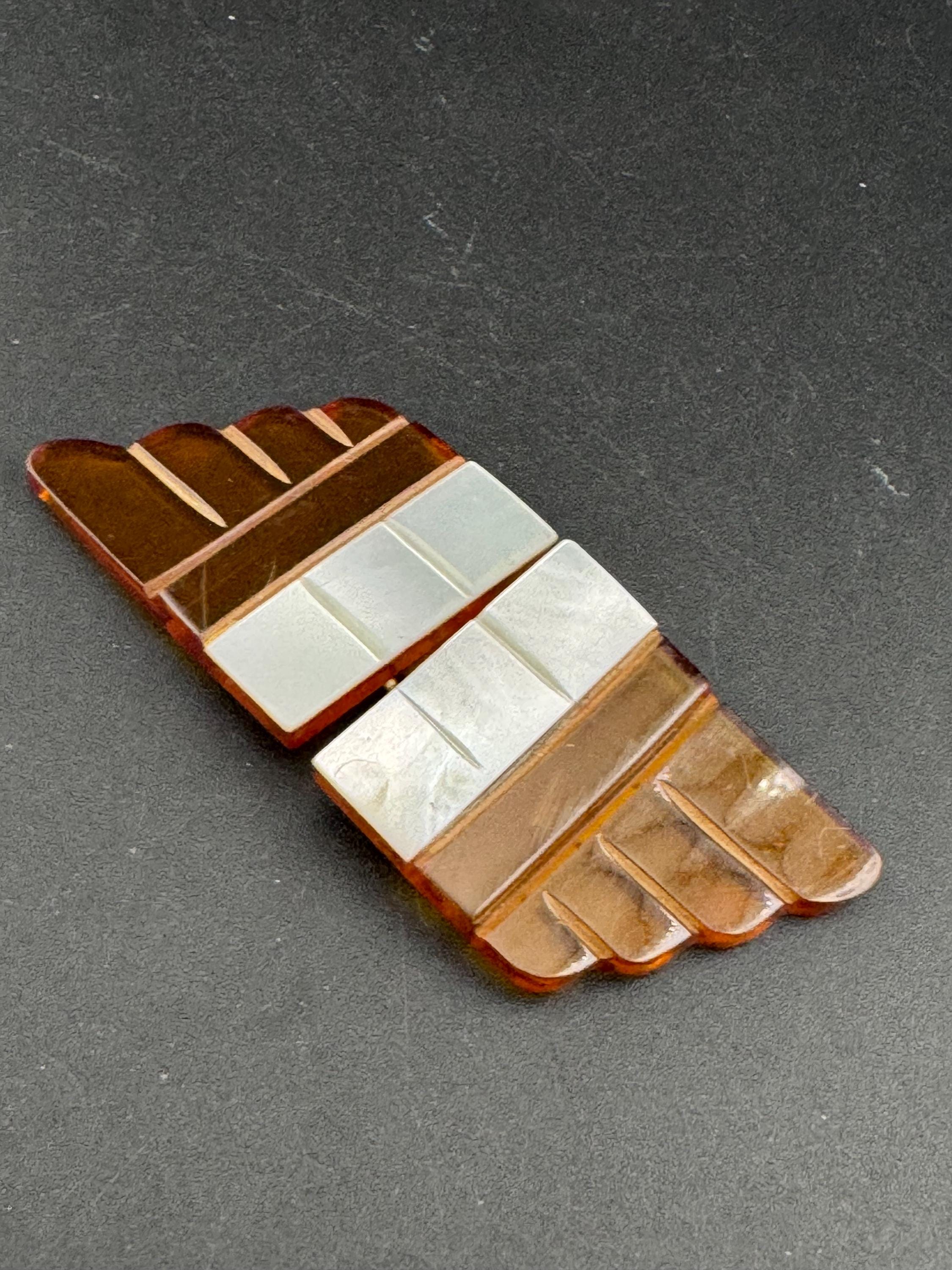 Art Deco Celluloid Belt Buckle: Amber Geometric Pearl, 1920s Sewing
