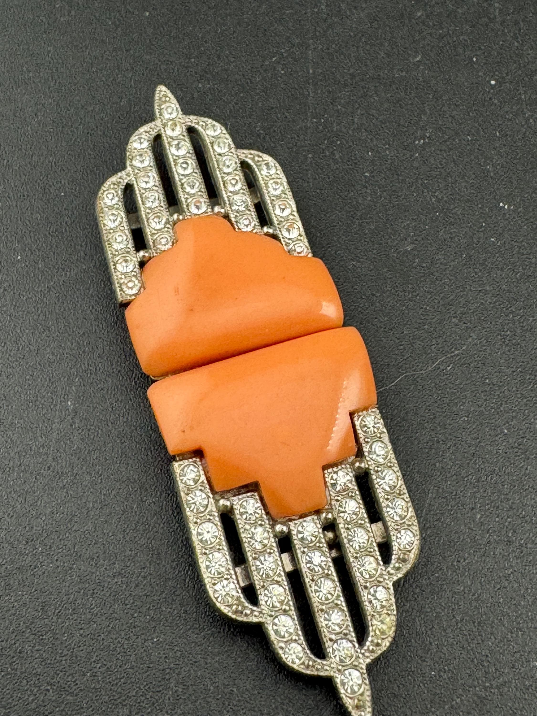 Art Deco winged coral glass enamel chrome geometric silver diamanté  Belt Buckle