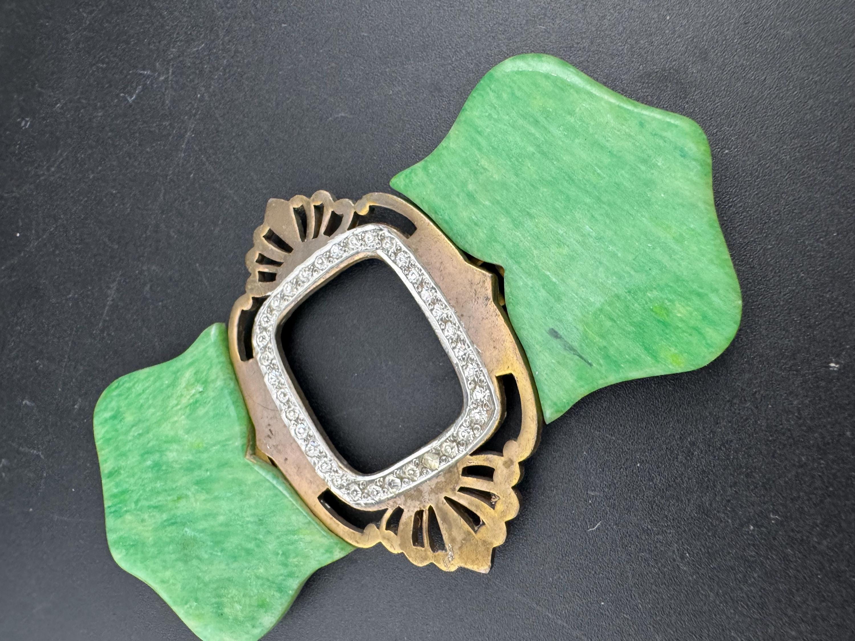 Art Deco Green Bakelite Belt Buckle: Diamanté Nouveau Style