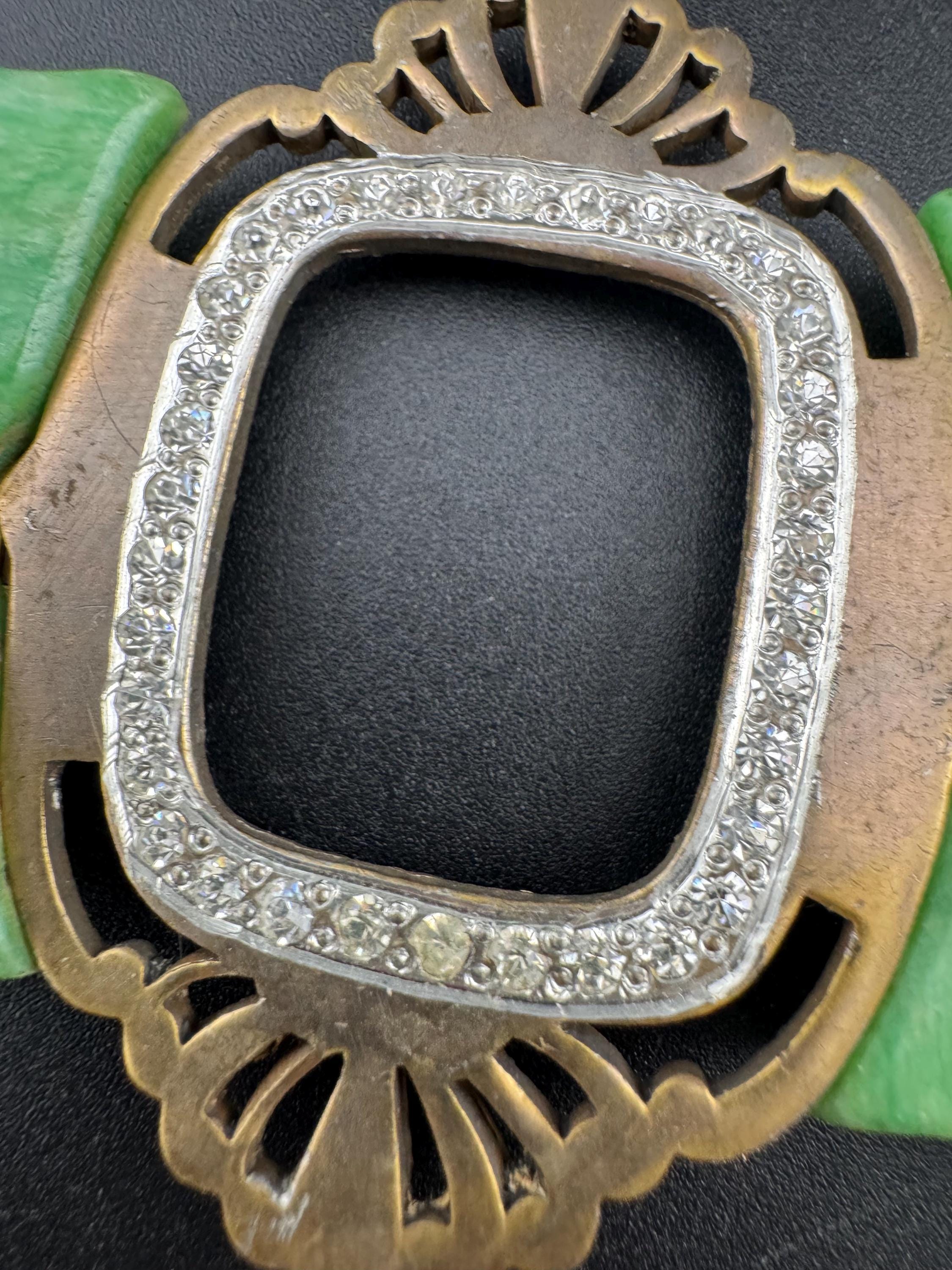 Art Deco Green Bakelite Belt Buckle: Diamanté Nouveau Style