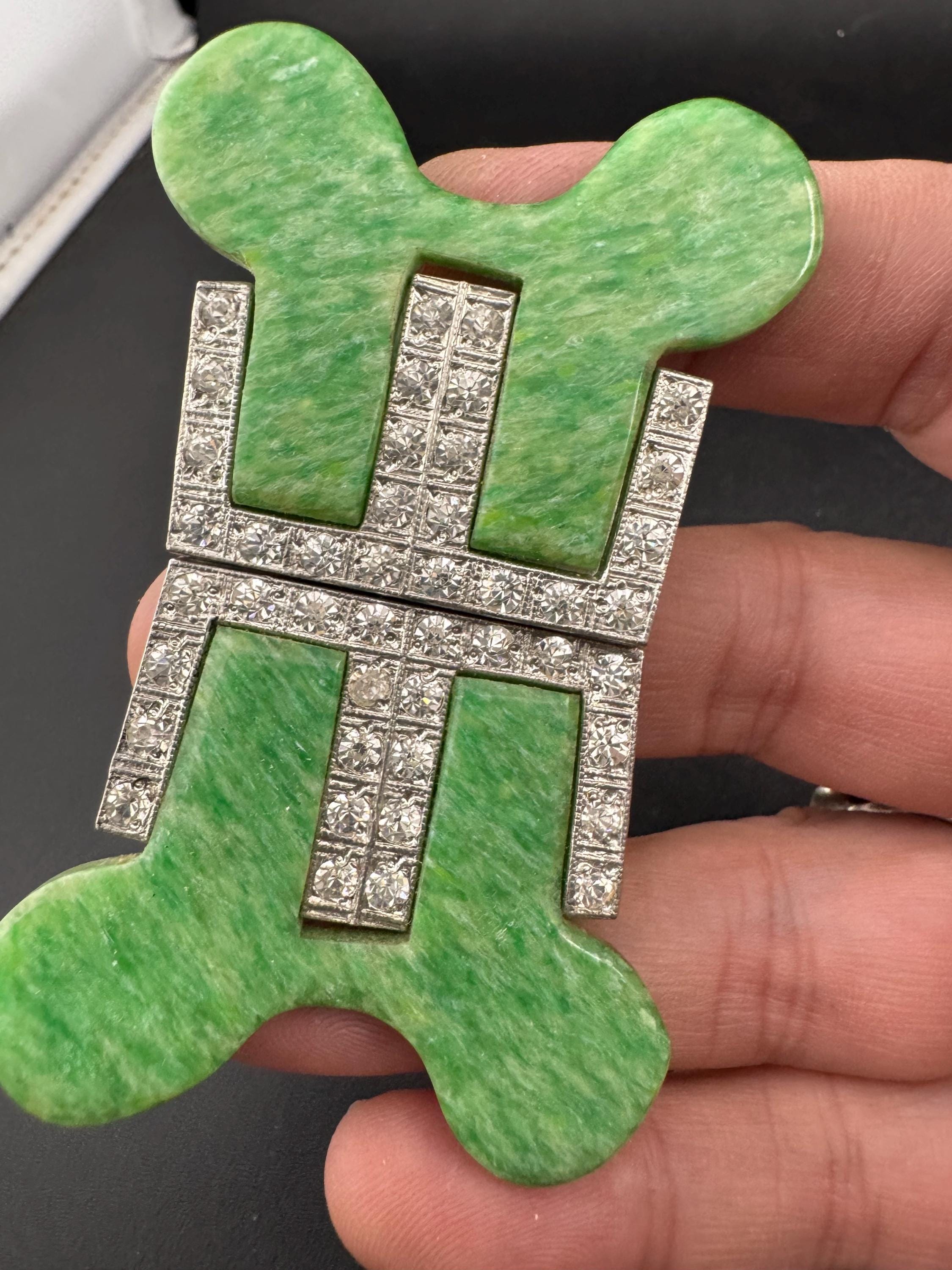 Art Deco Green Bakelite Belt Buckle: Diamanté Nouveau Style