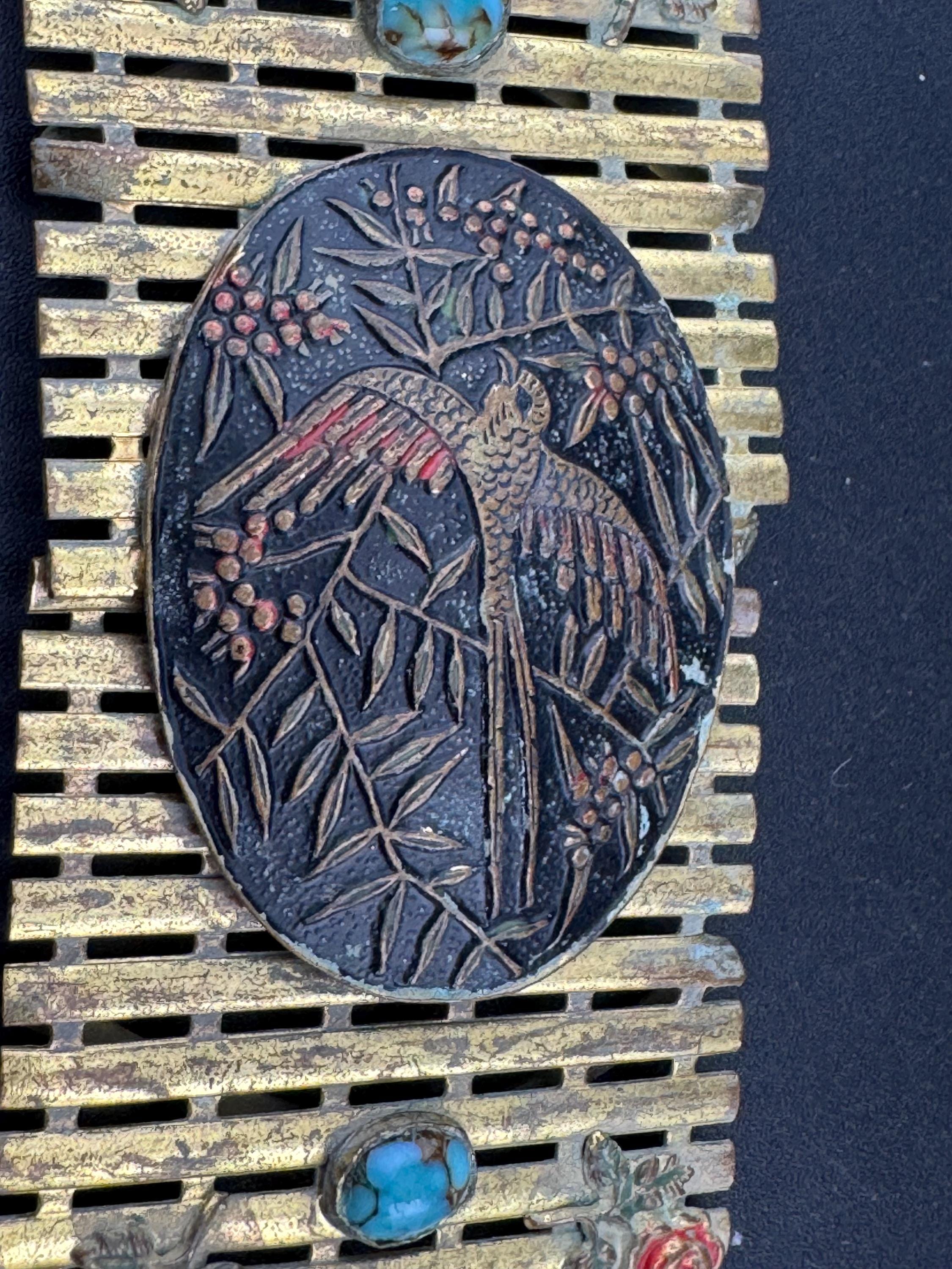 Antique Chinese Japanese turquoise gemstone set carved bird 2 part Vintage brass belt buckle
