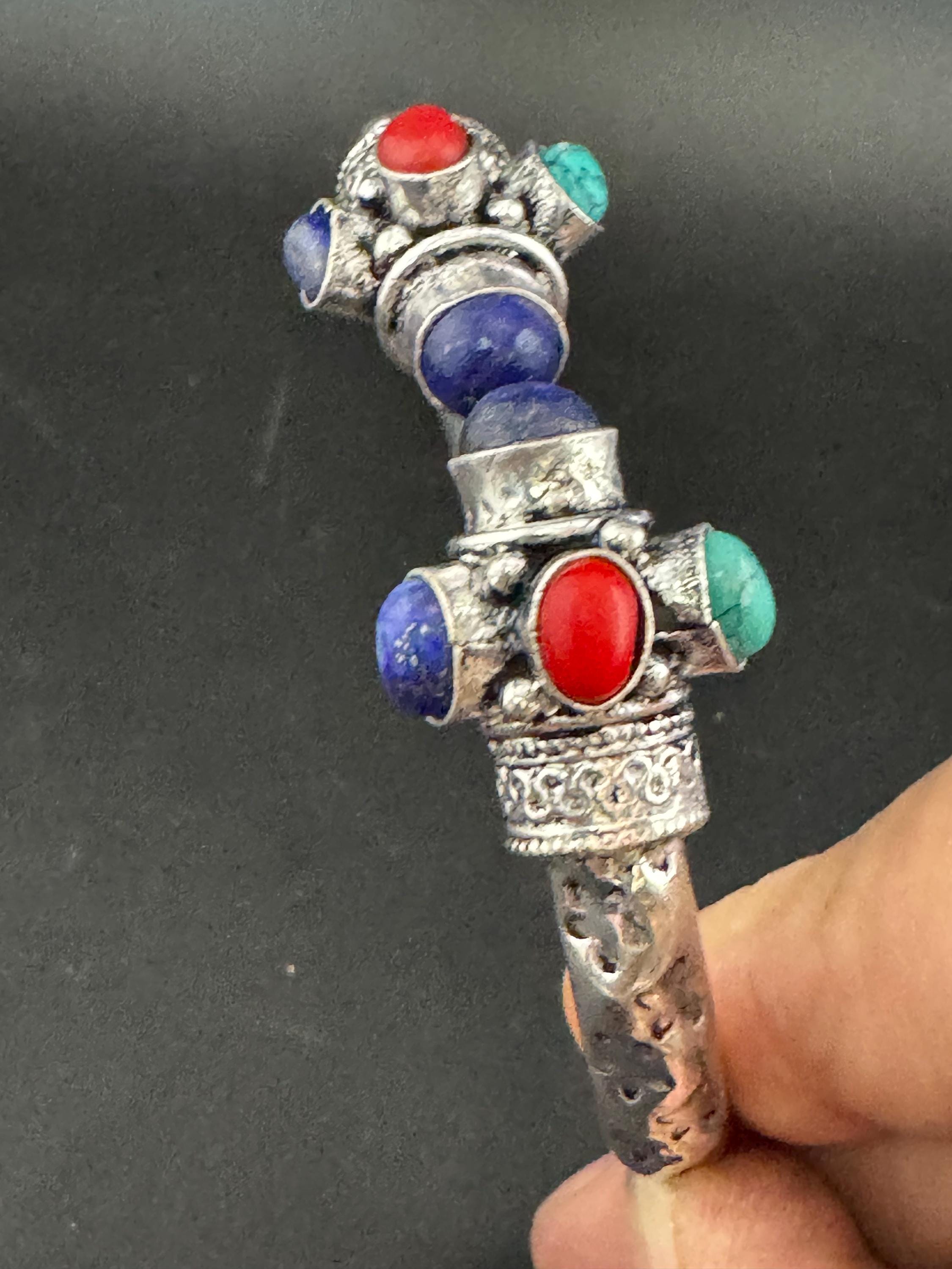 Turquoise blue lapis coral GEMSTONE Bangle silver plated  torque cuff bracelet