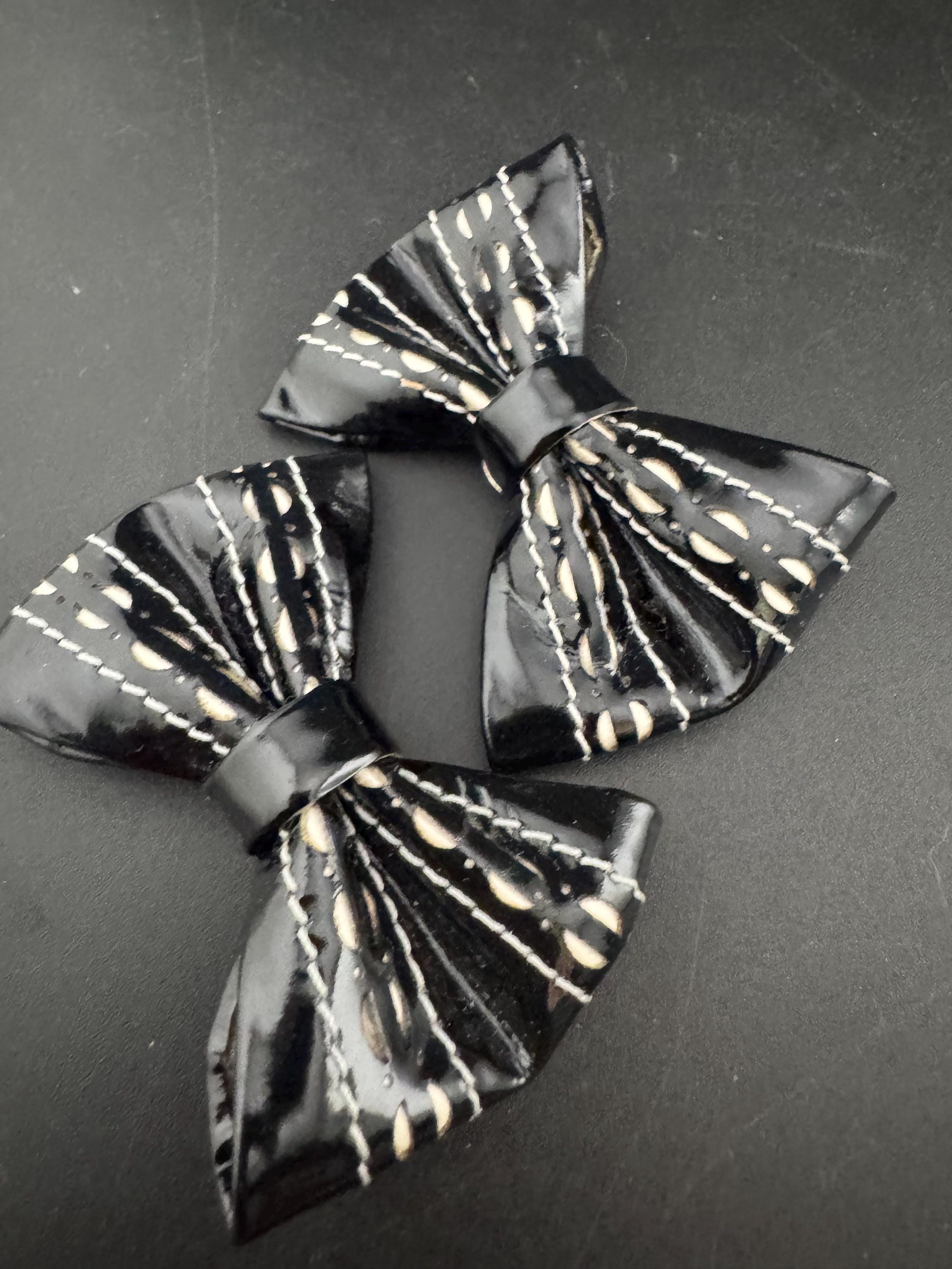 pair of Black and white monochrome patent ribbon BOW shoe clips