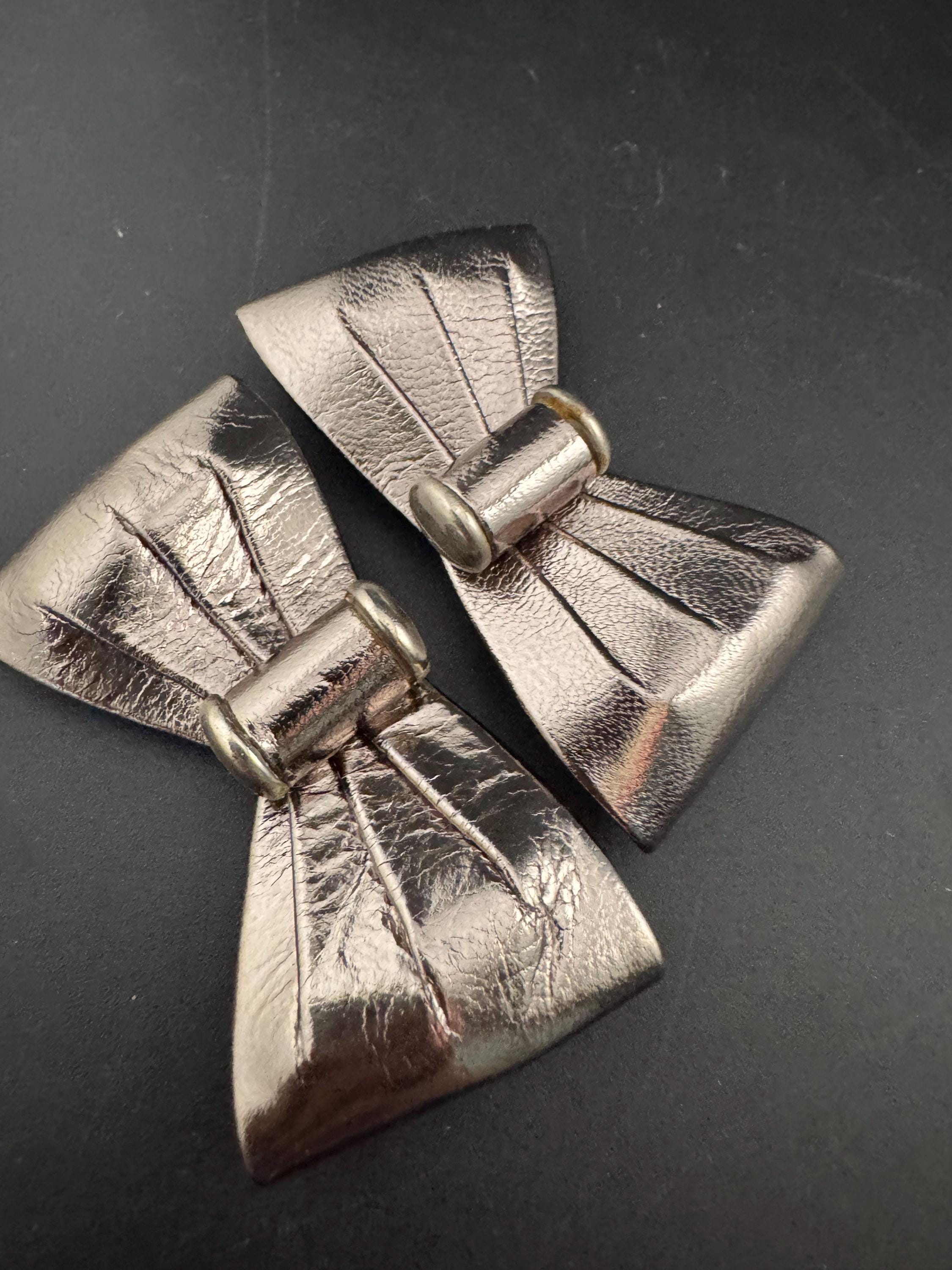 Vintage pair of pewter silver gold leather BOW shoe clips metal bar trims