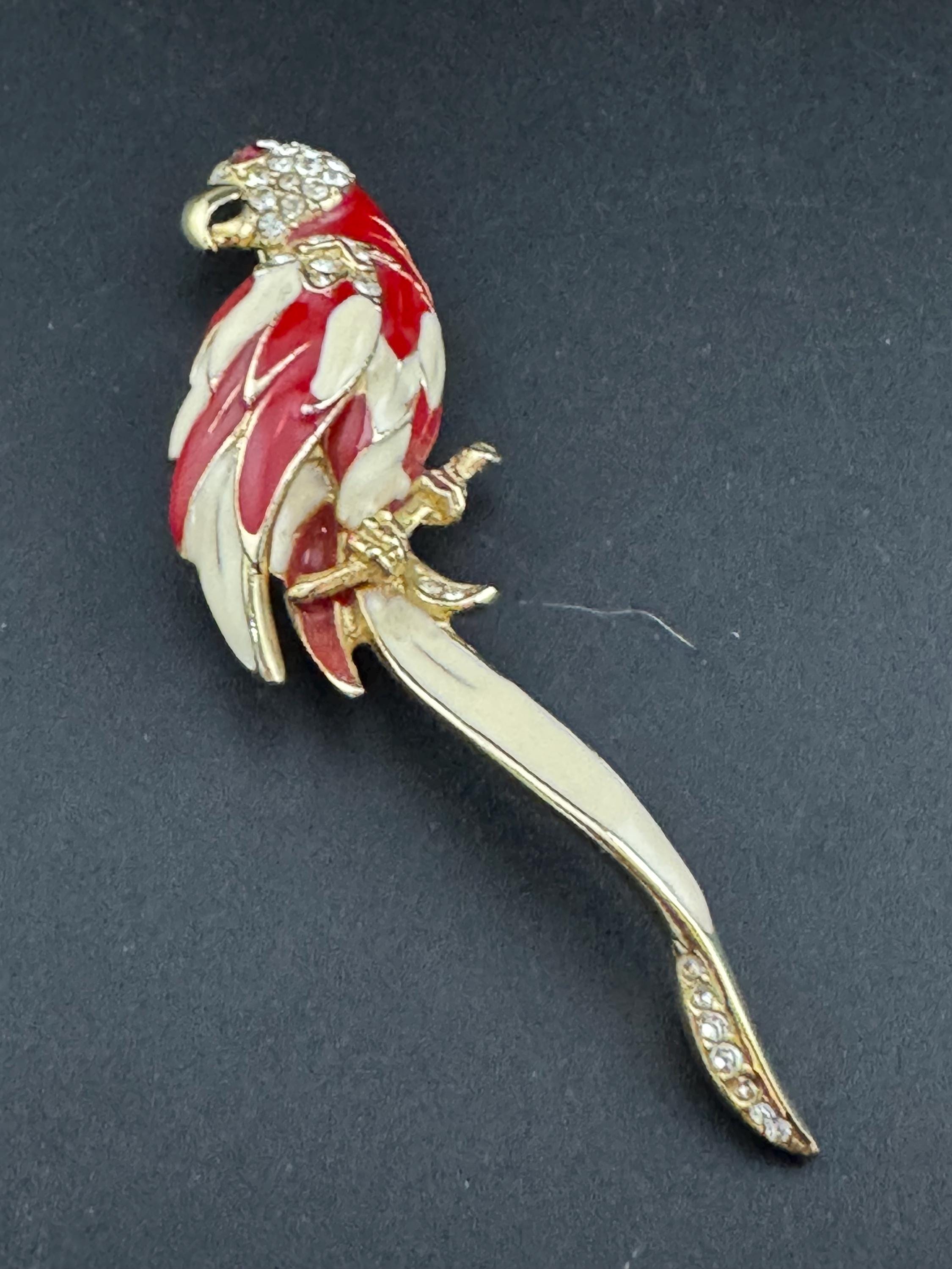 Vintage Parrot Brooch: Diamanté, Enamel, Gold Tone, 1980s
